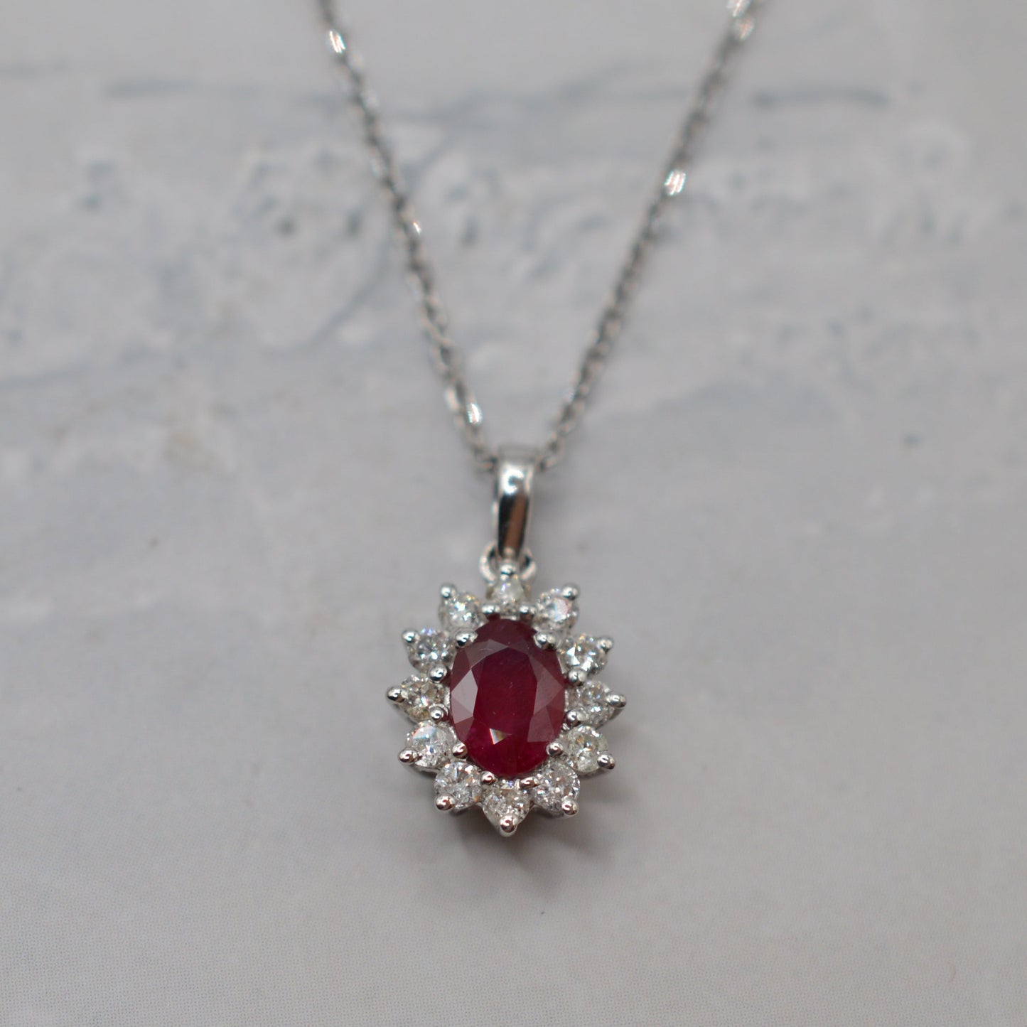 18ct White Gold Ruby & Diamond Cluster Pendant Necklace (16”)