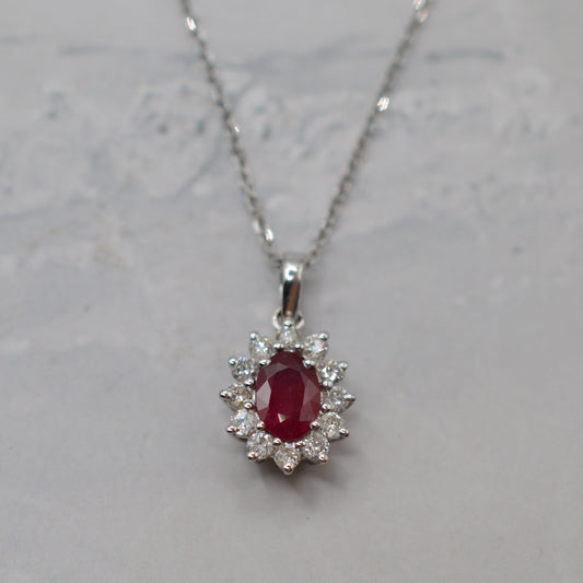 18ct White Gold Ruby & Diamond Cluster Pendant Necklace (16”)
