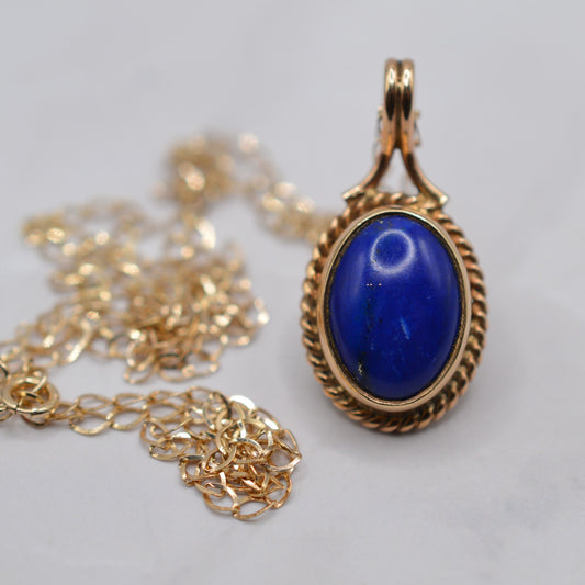 1980s 9ct Gold Lapis Lazuli Pendant Necklace