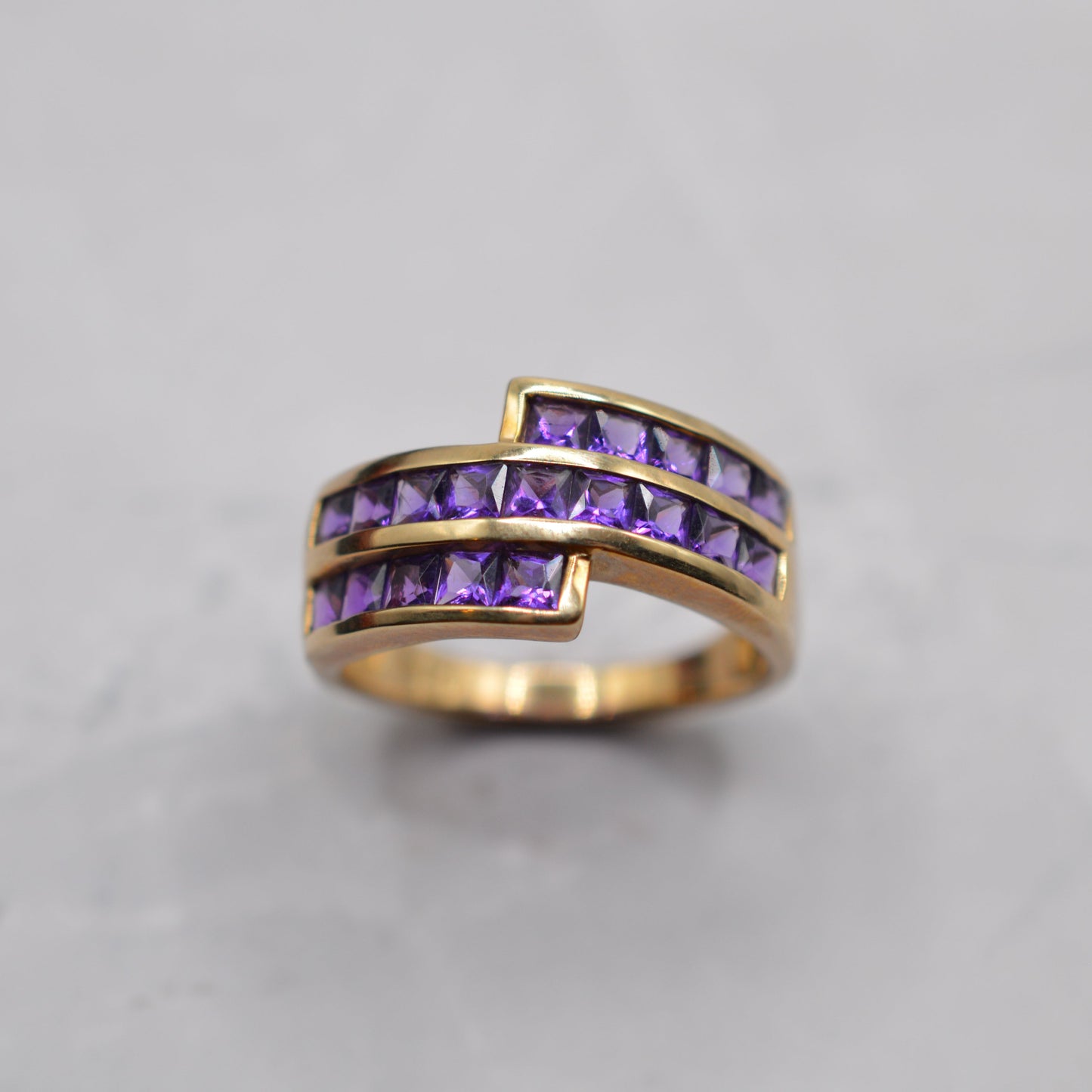 Chunky 9ct Gold Amethyst Channel-Set Crossover Ring