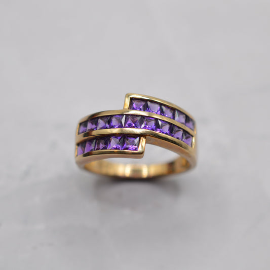 Chunky 9ct Gold Amethyst Channel-Set Crossover Ring