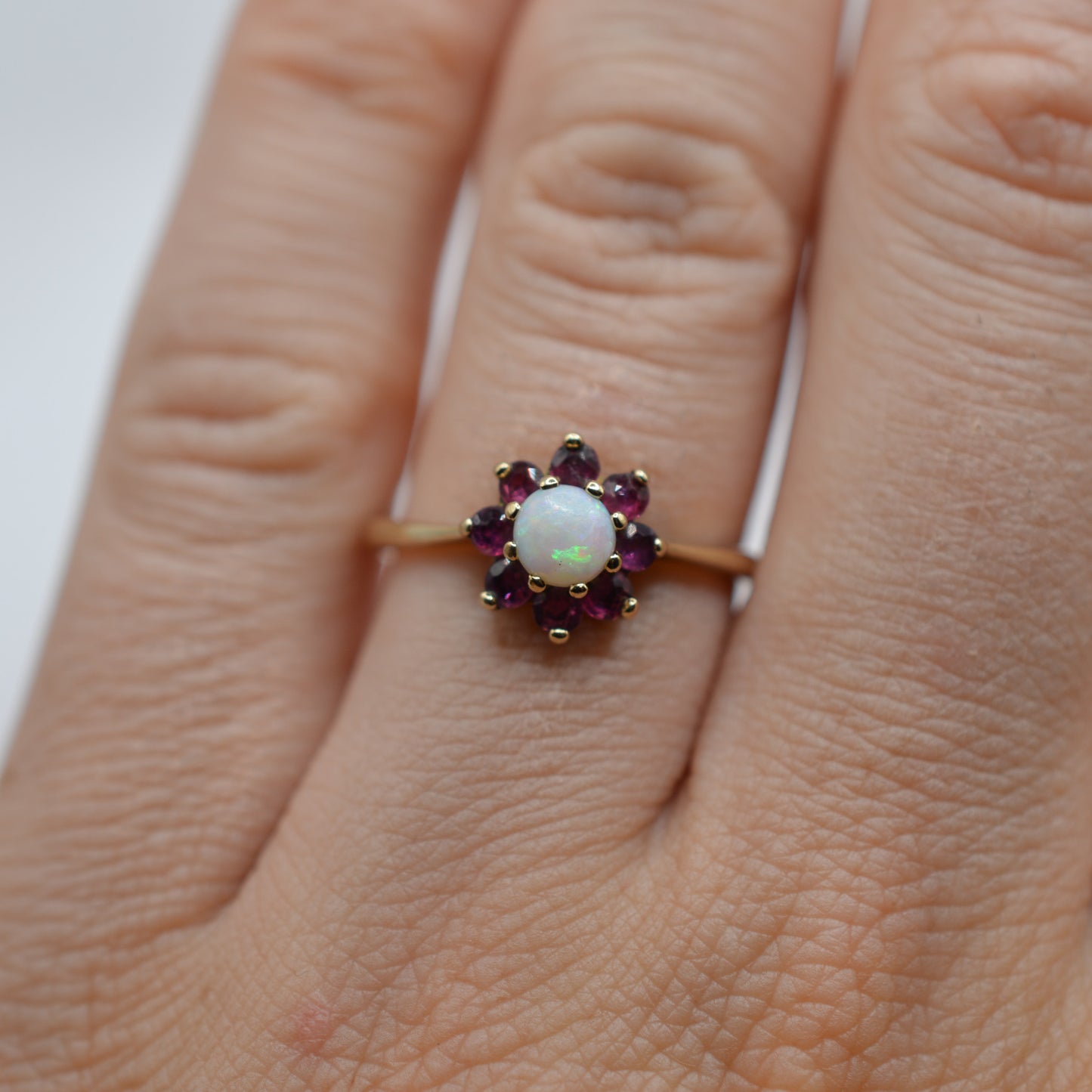 1970s Vintage 9ct Gold Opal & Ruby Cluster Ring