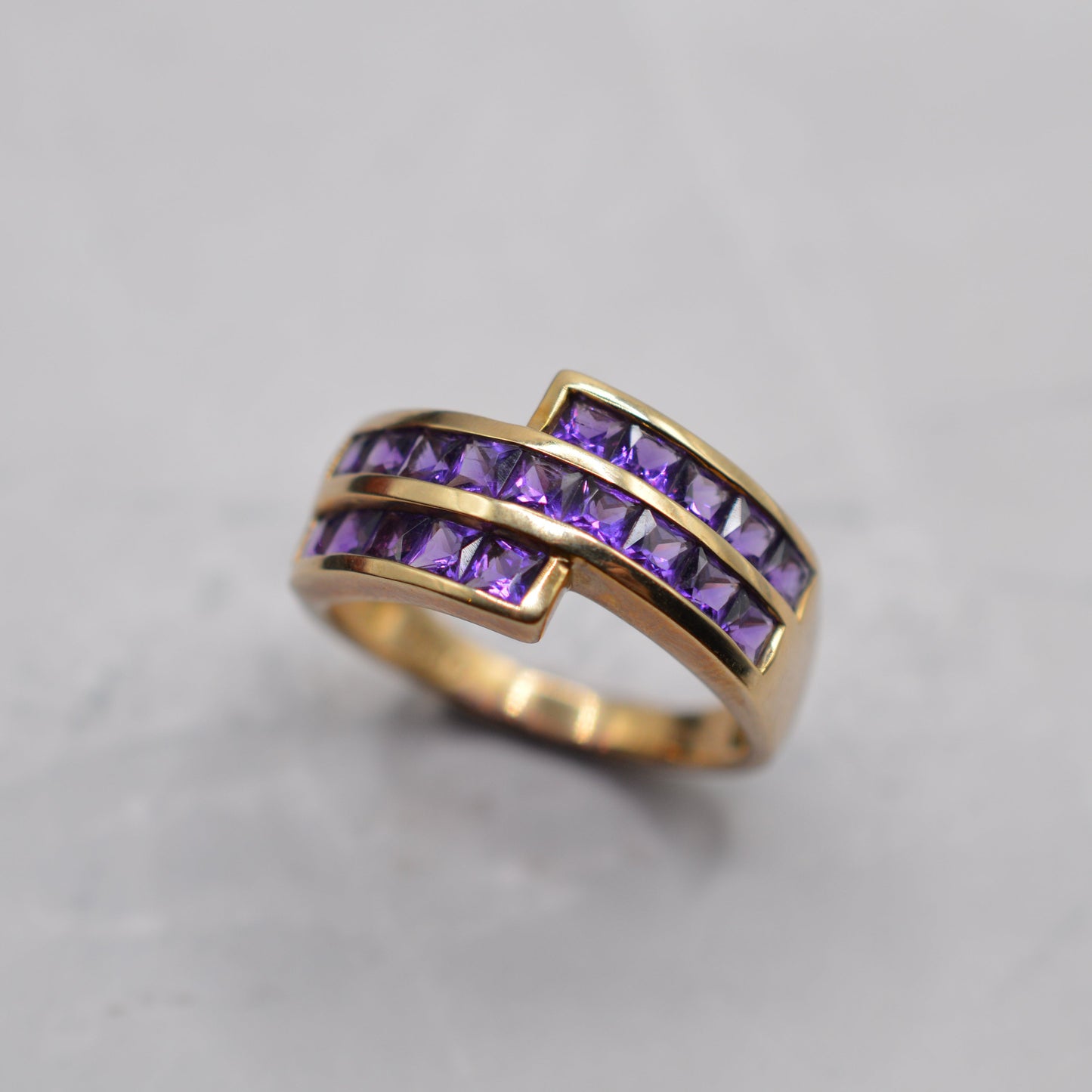 Chunky 9ct Gold Amethyst Channel-Set Crossover Ring