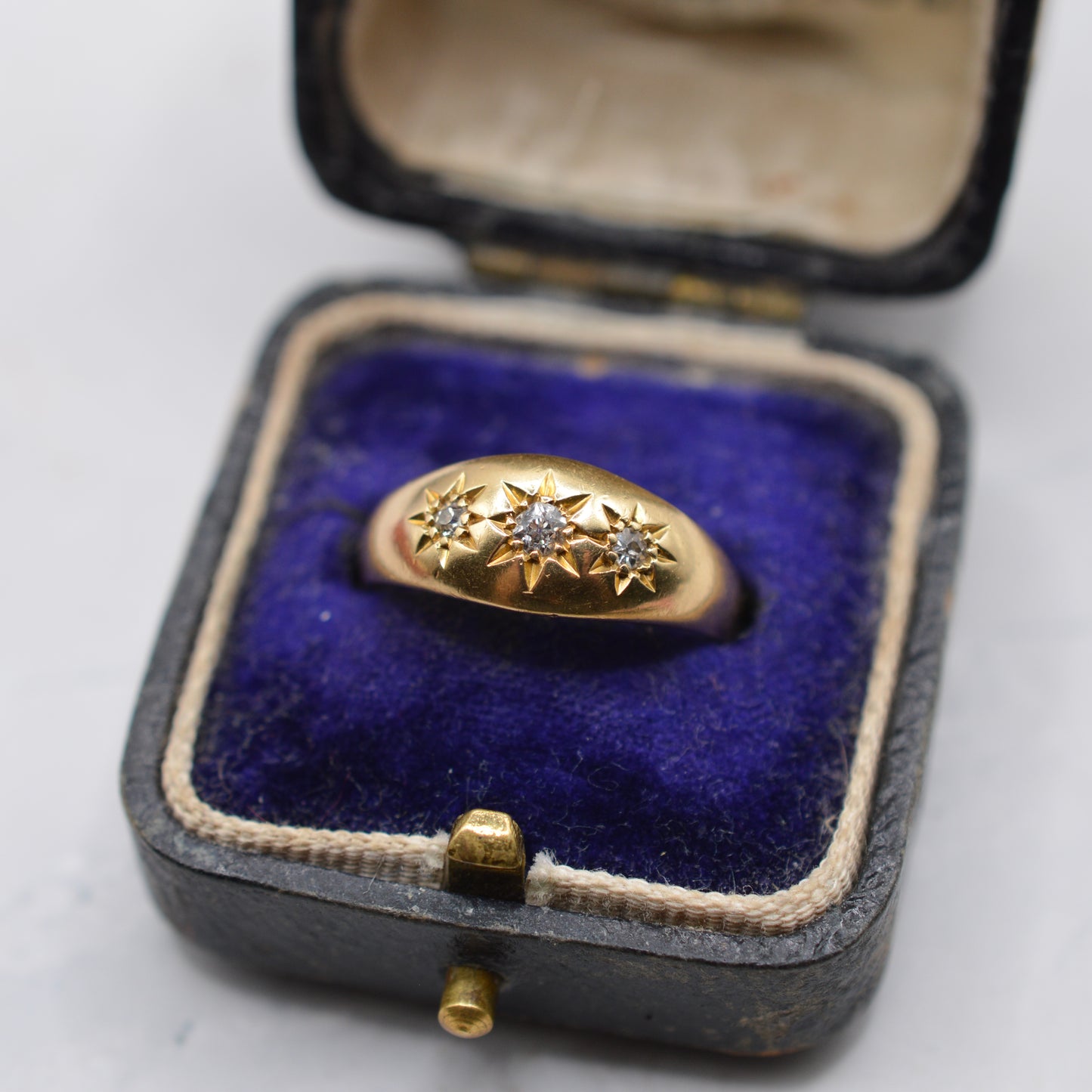 Antique 1912 18ct Gold Diamond Starburst Gypsy Trilogy Ring