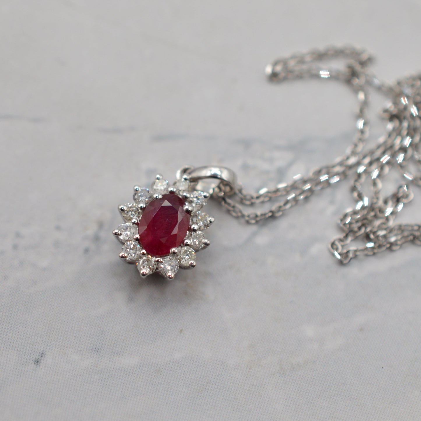 18ct White Gold Ruby & Diamond Cluster Pendant Necklace (16”)