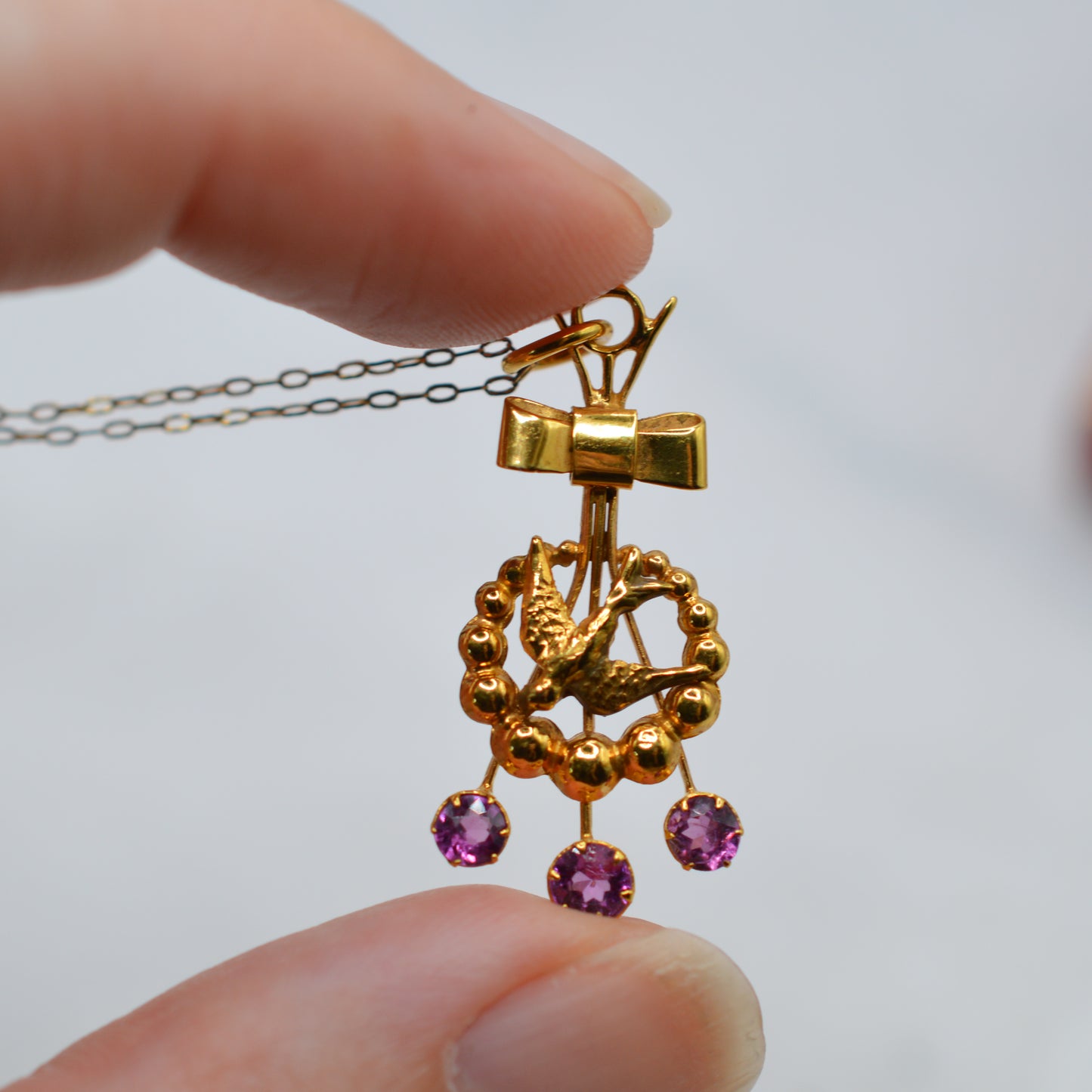Antique Victorian 9ct Gold Swallow & Bow Tourmaline Pendant Necklace