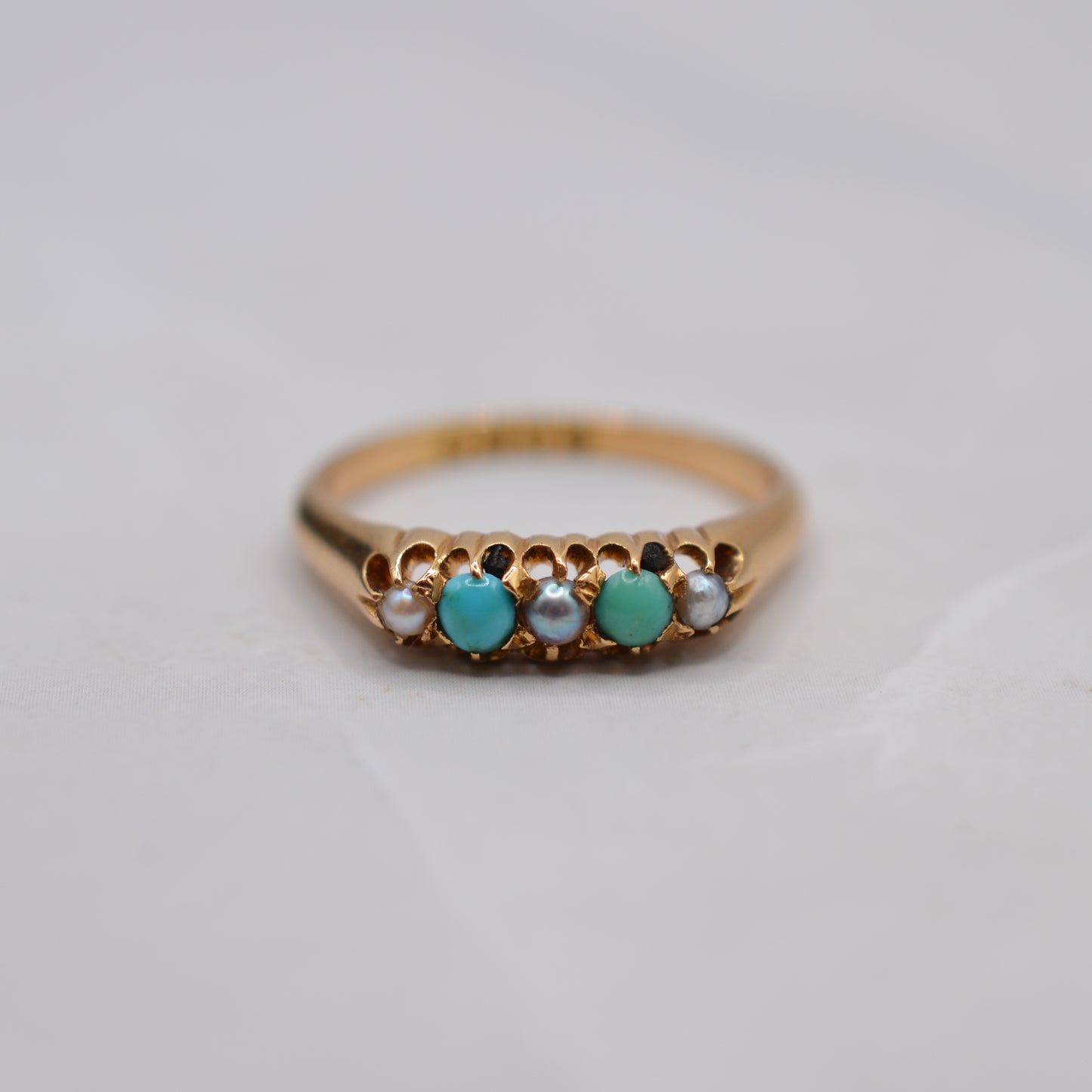 1897 Antique 18ct Gold Victorian Turquoise & Pearl Five-Stone Ring
