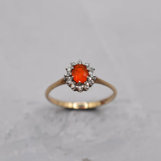 1980s 9ct Gold Fire Opal & Diamond Cluster Ring