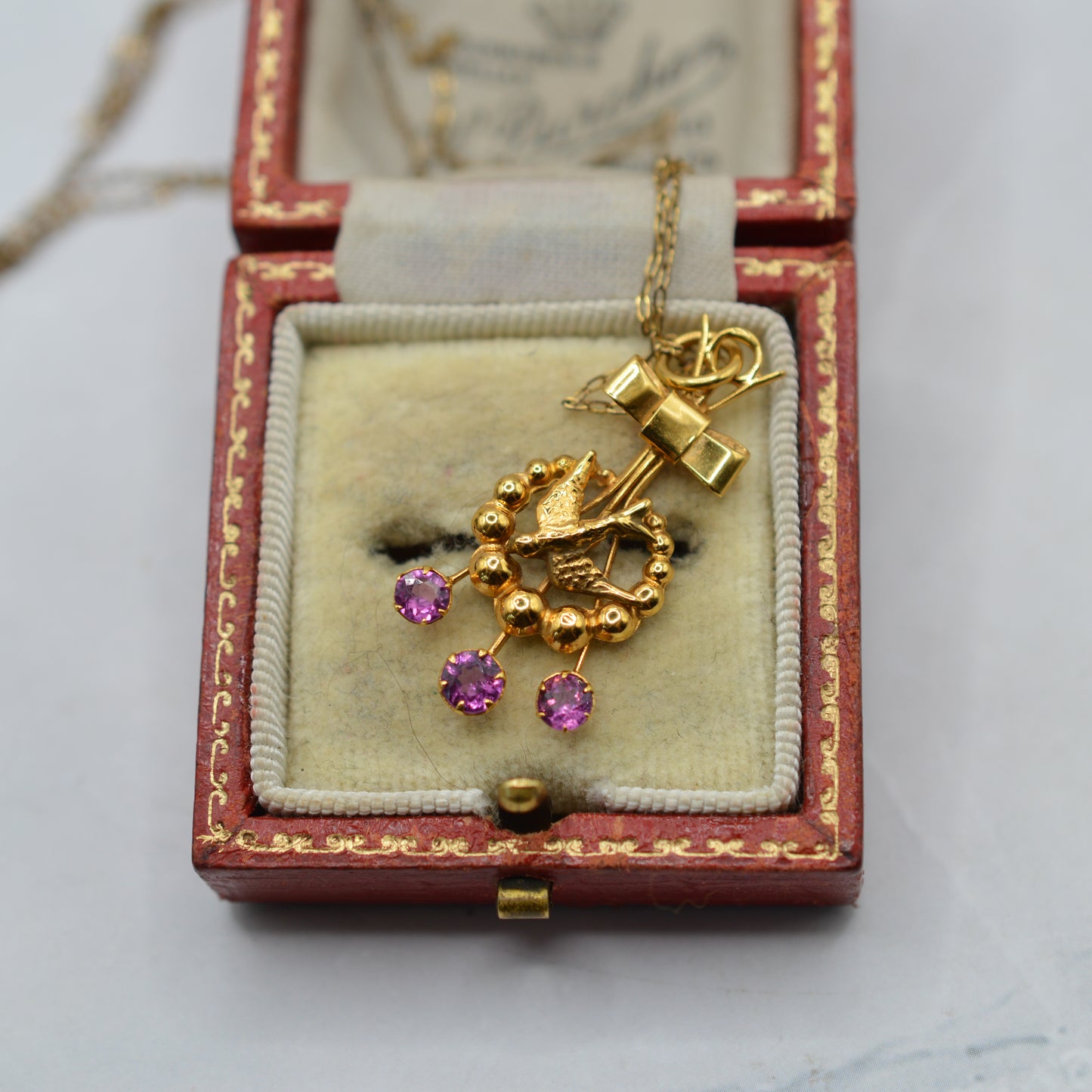 Antique Victorian 9ct Gold Swallow & Bow Tourmaline Pendant Necklace