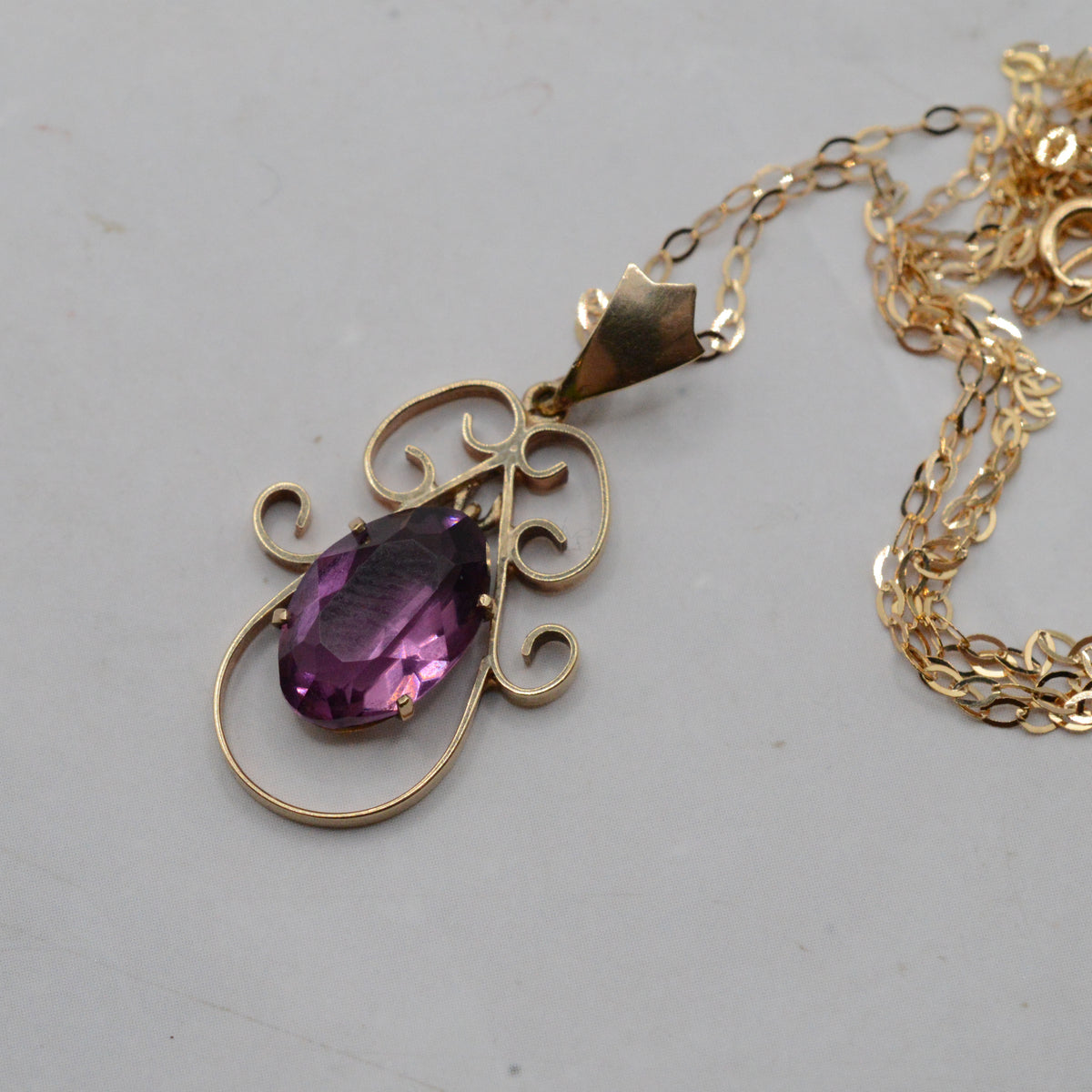 Antique Edwardian 9ct Gold Purple Paste Pendant Necklace (16”)