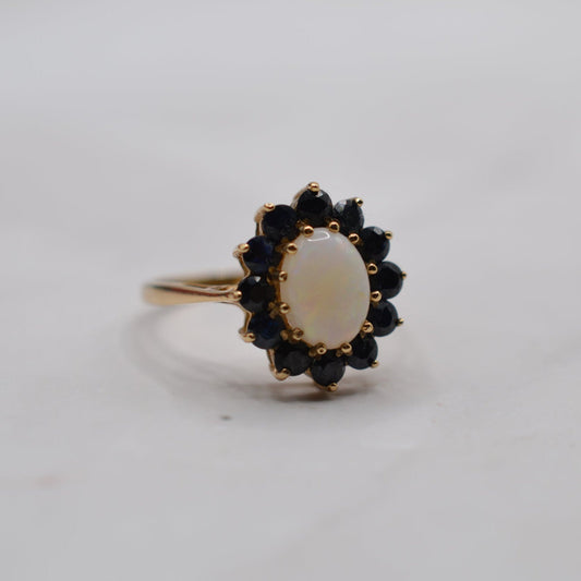 1980s 9ct Gold Opal & Sapphire Cluster Ring
