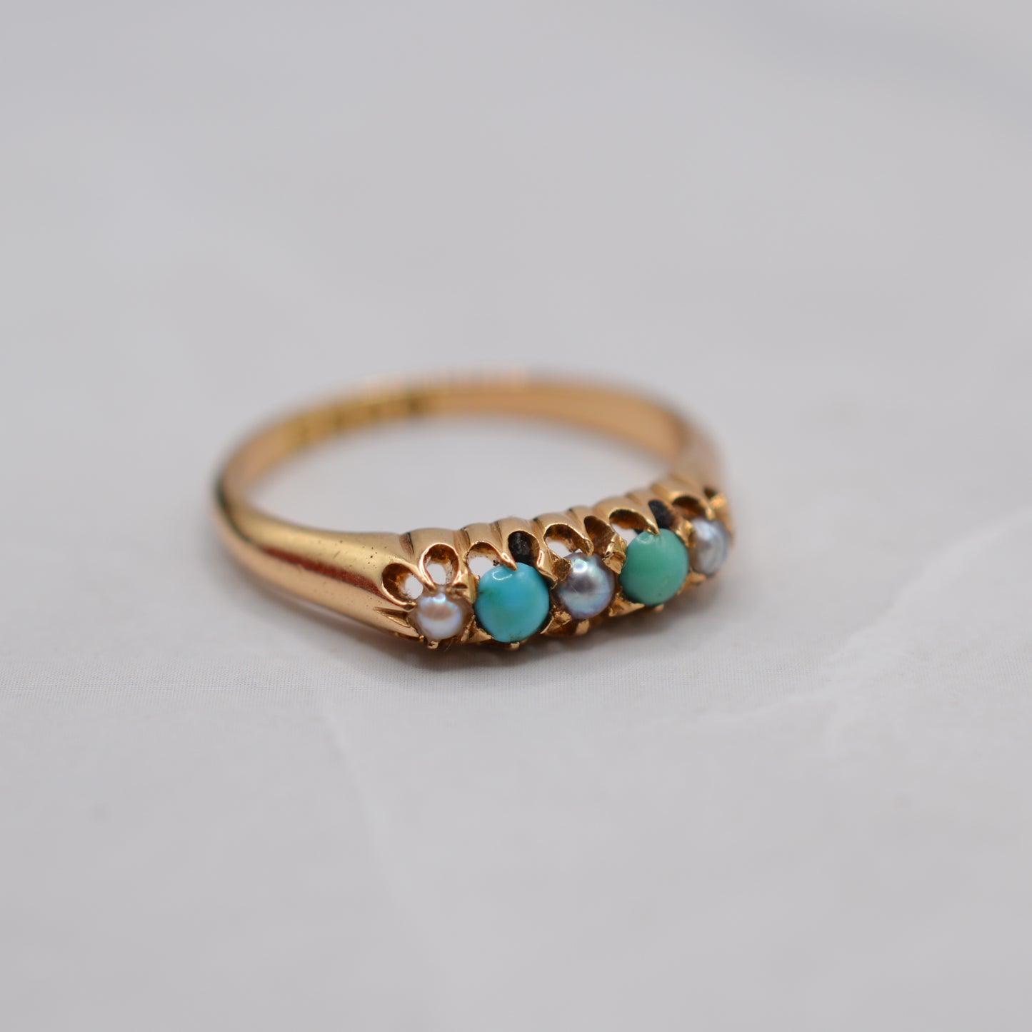 1897 Antique 18ct Gold Victorian Turquoise & Pearl Five-Stone Ring