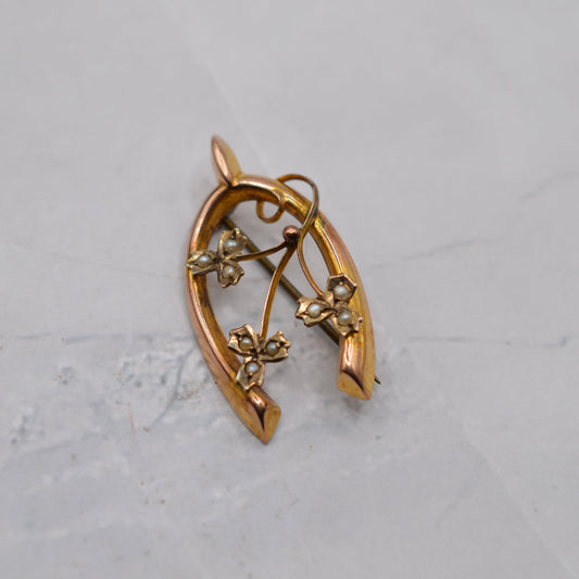 Antique Victorian 9ct Gold Pearl Wishbone Brooch