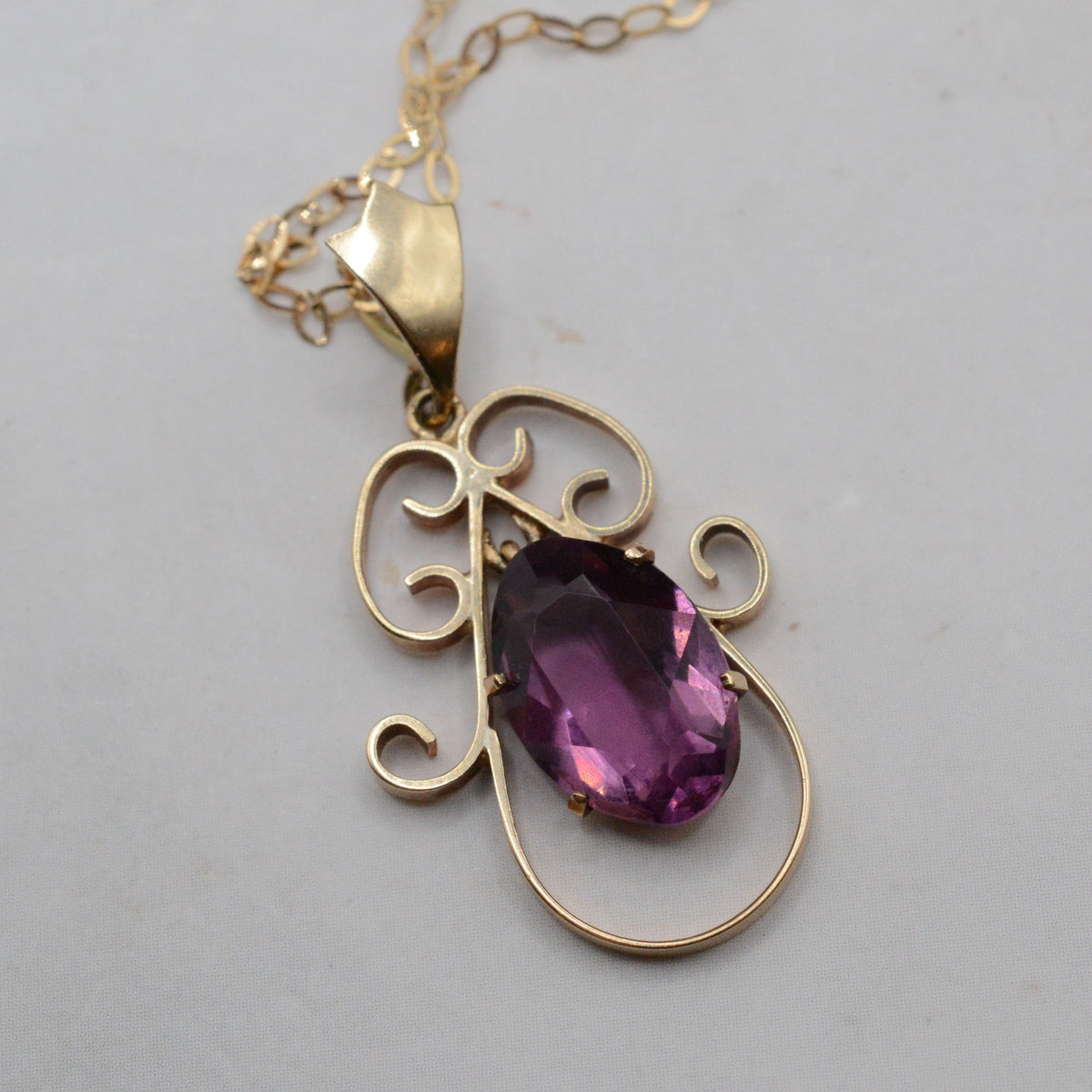 Antique Edwardian 9ct Gold Purple Paste Pendant Necklace (16”)