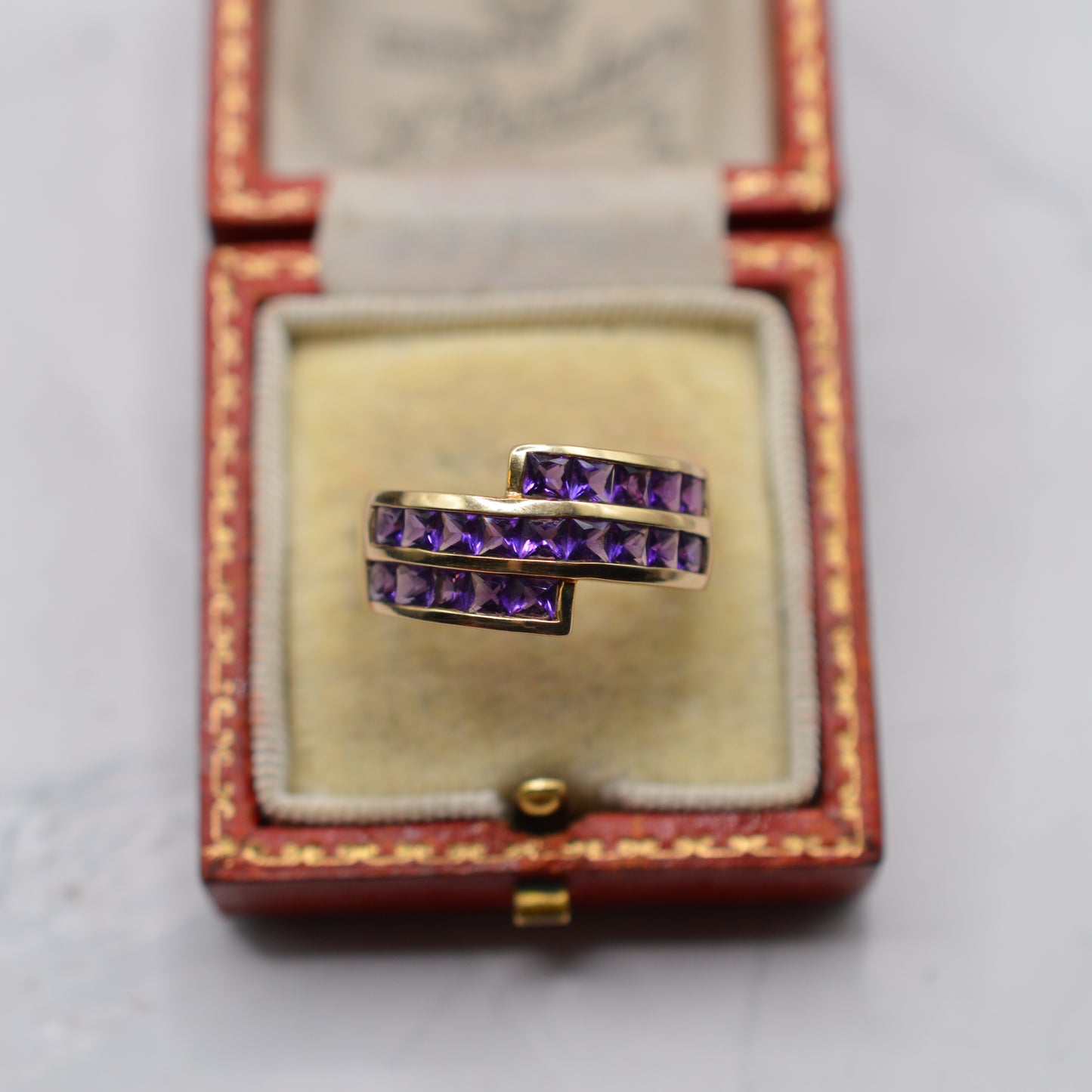 Chunky 9ct Gold Amethyst Channel-Set Crossover Ring
