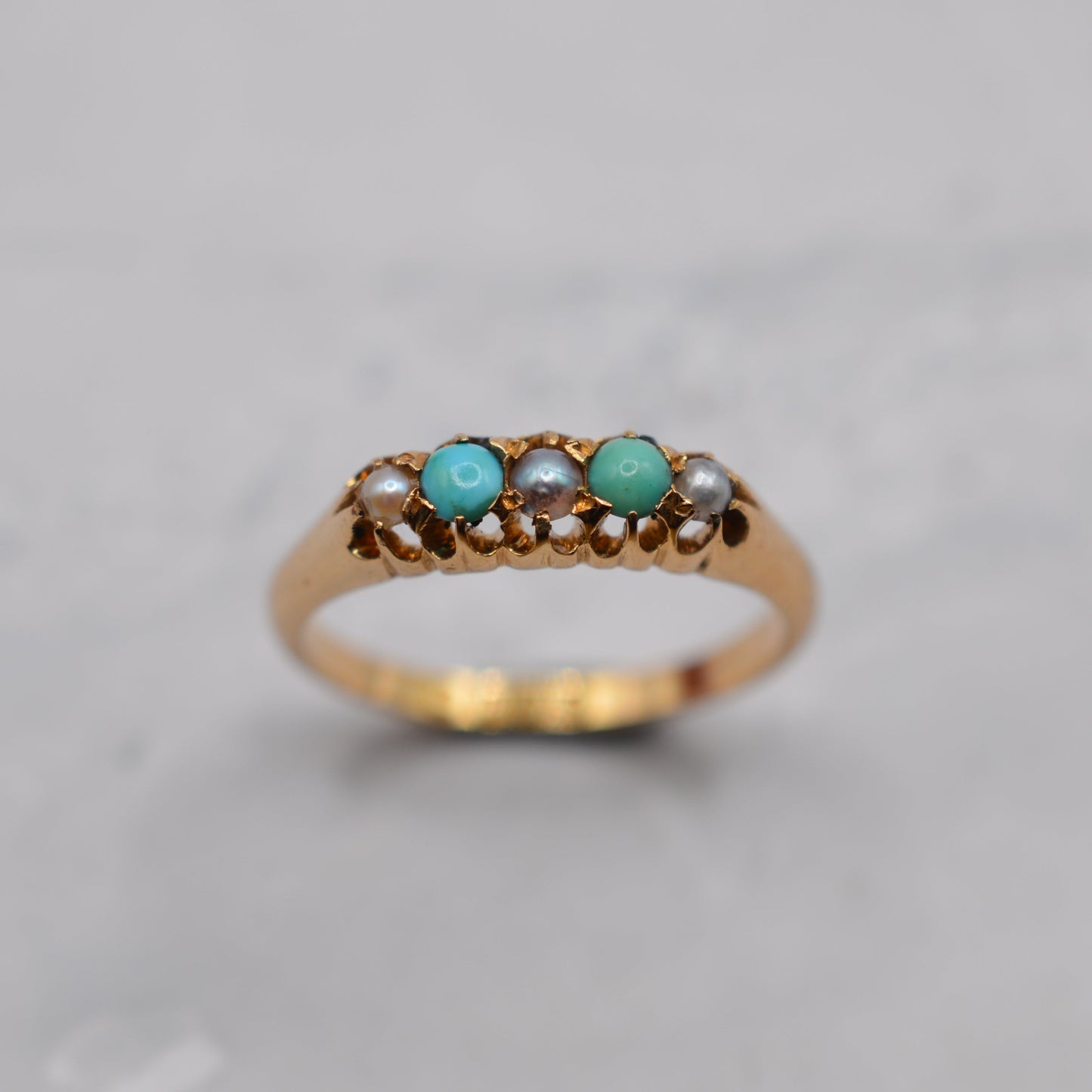 1897 Antique 18ct Gold Victorian Turquoise & Pearl Five-Stone Ring