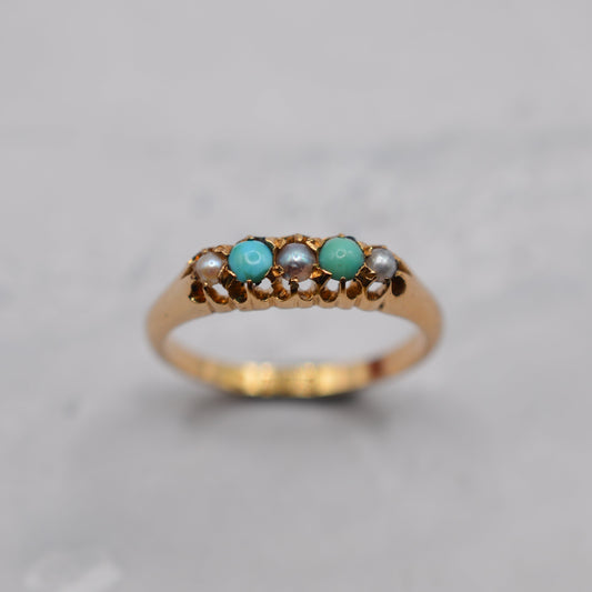 1897 Antique 18ct Gold Victorian Turquoise & Pearl Five-Stone Ring