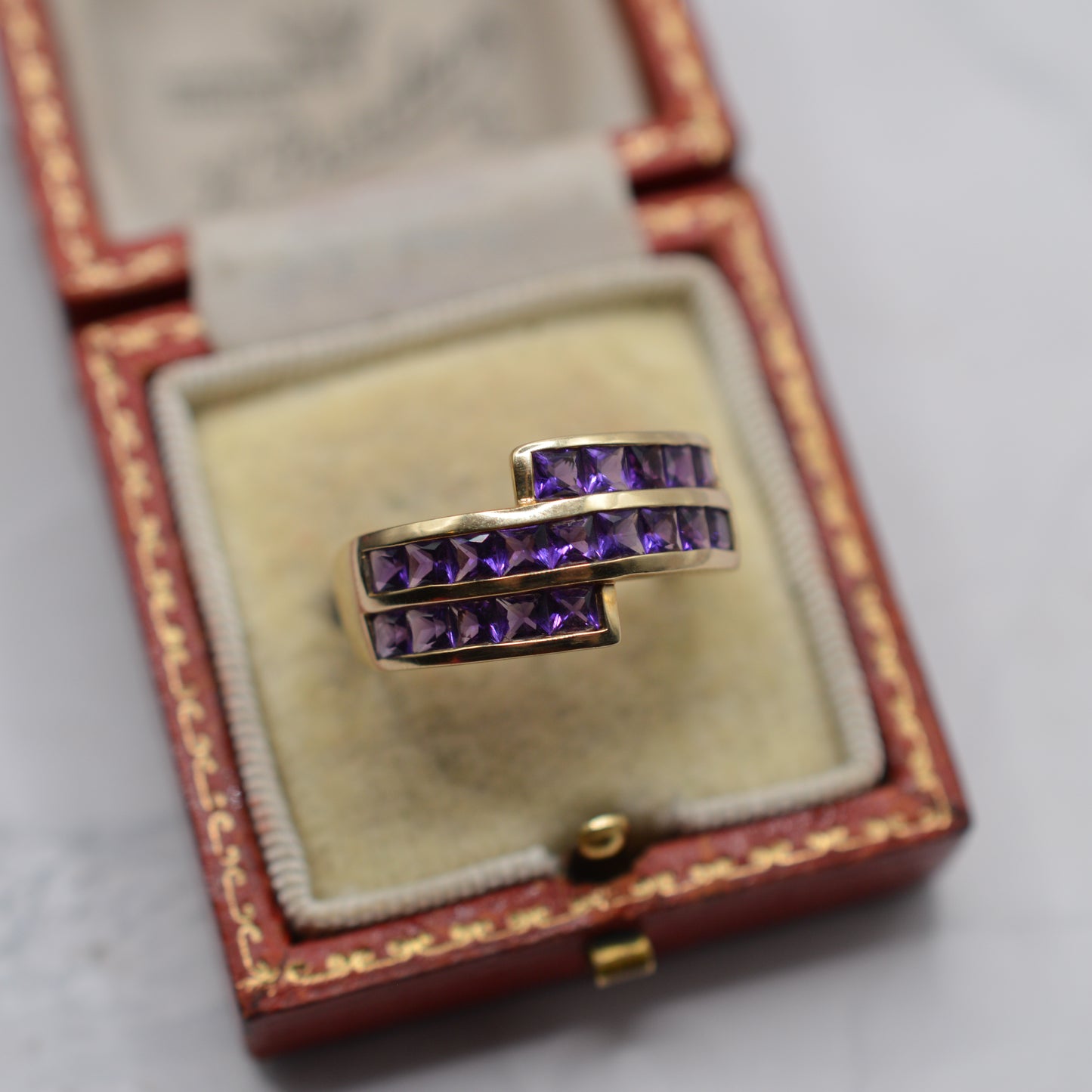 Chunky 9ct Gold Amethyst Channel-Set Crossover Ring