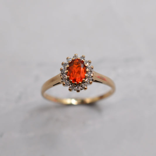 Y2K 9ct Gold Fire Opal & Diamond Cluster Ring
