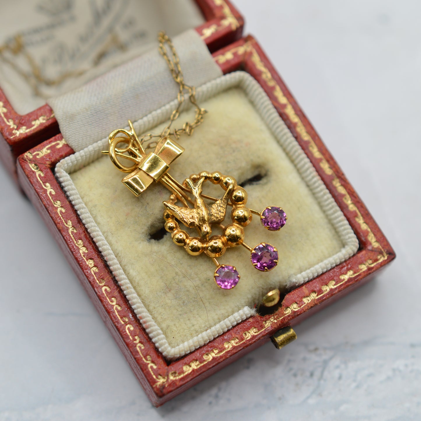 Antique Victorian 9ct Gold Swallow & Bow Tourmaline Pendant Necklace
