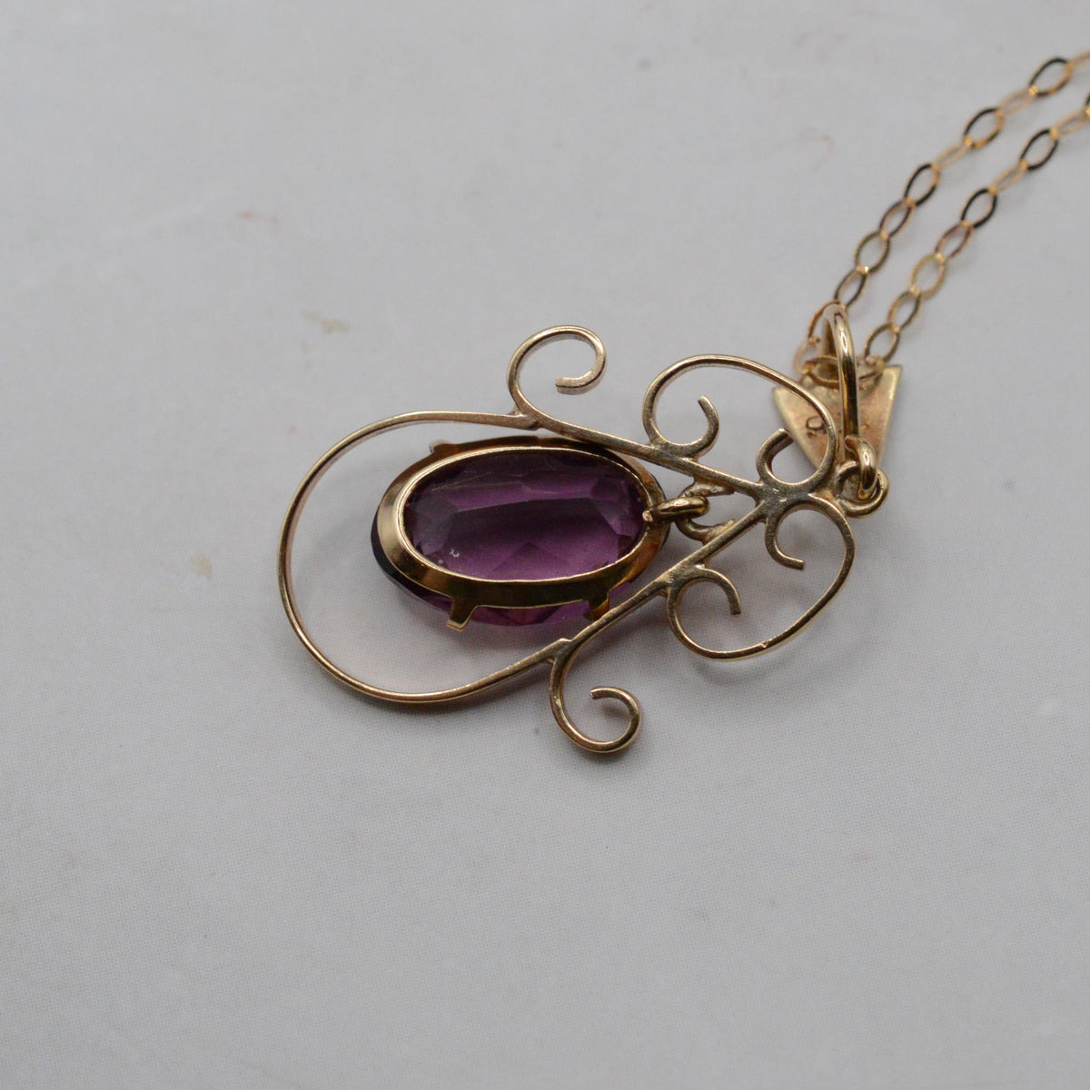 Antique Edwardian 9ct Gold Purple Paste Pendant Necklace (16”)