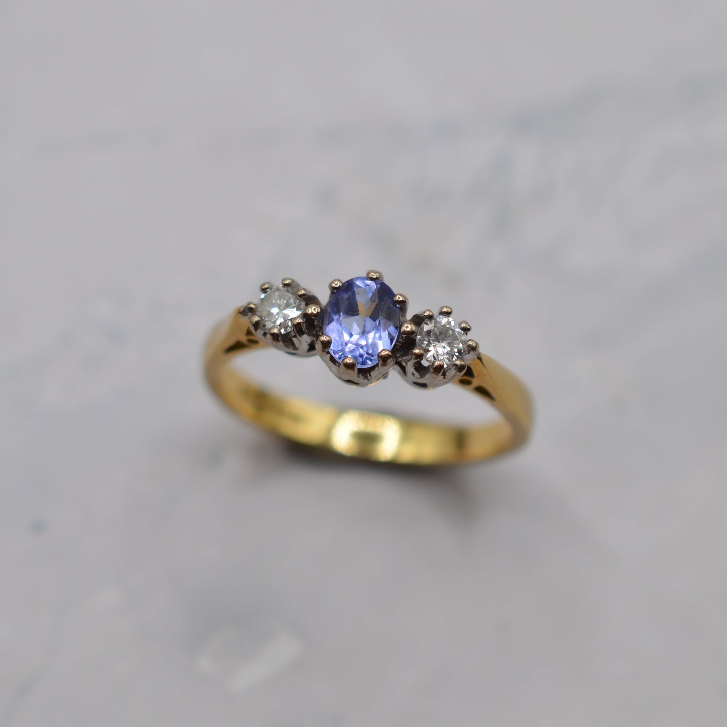 1990s 18ct Gold Tanzanite & Diamond Trilogy Ring