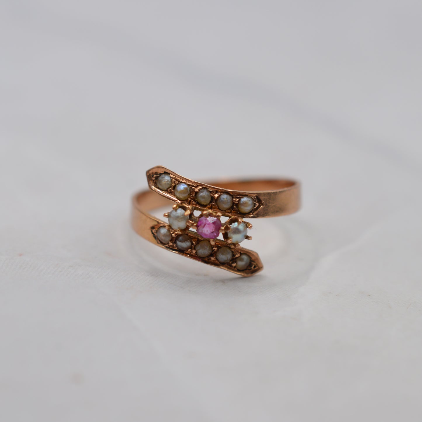 Antique Victorian 15ct Gold Ruby & Pearl Crossover Ring
