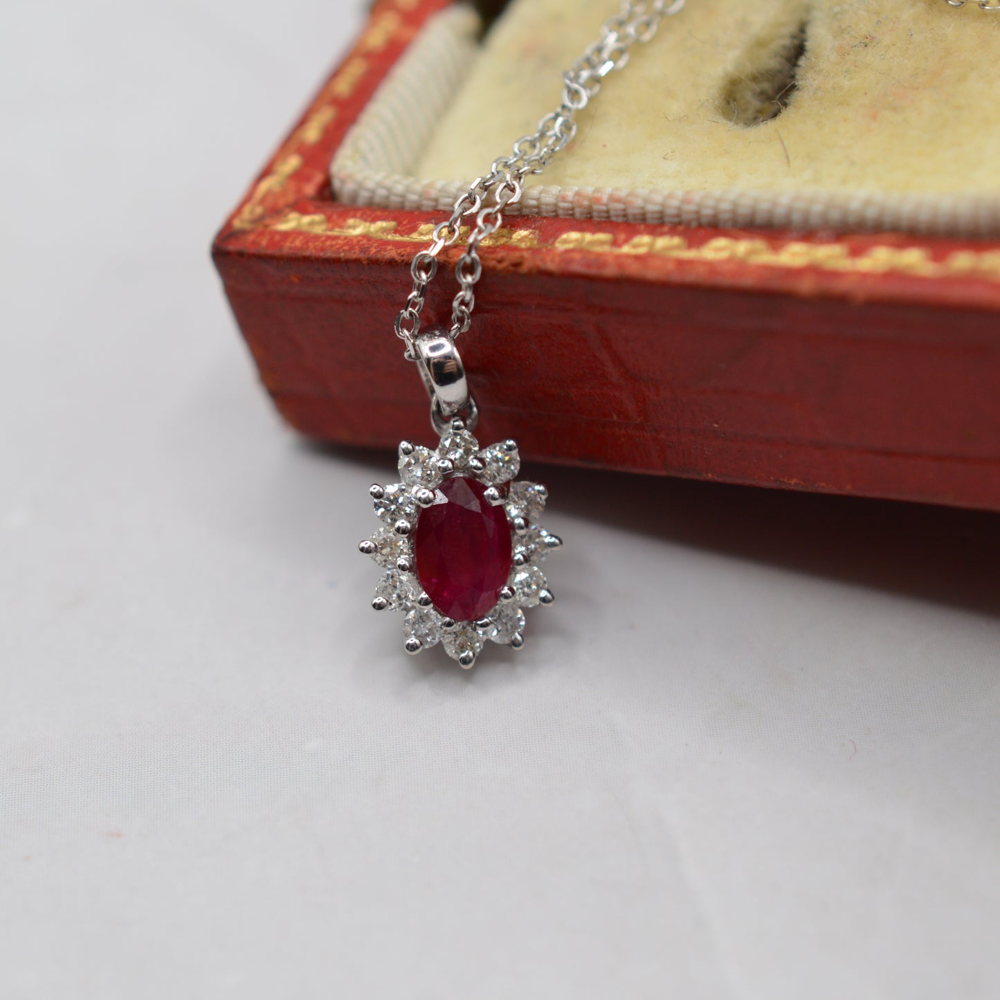 18ct White Gold Ruby & Diamond Cluster Pendant Necklace (16”)