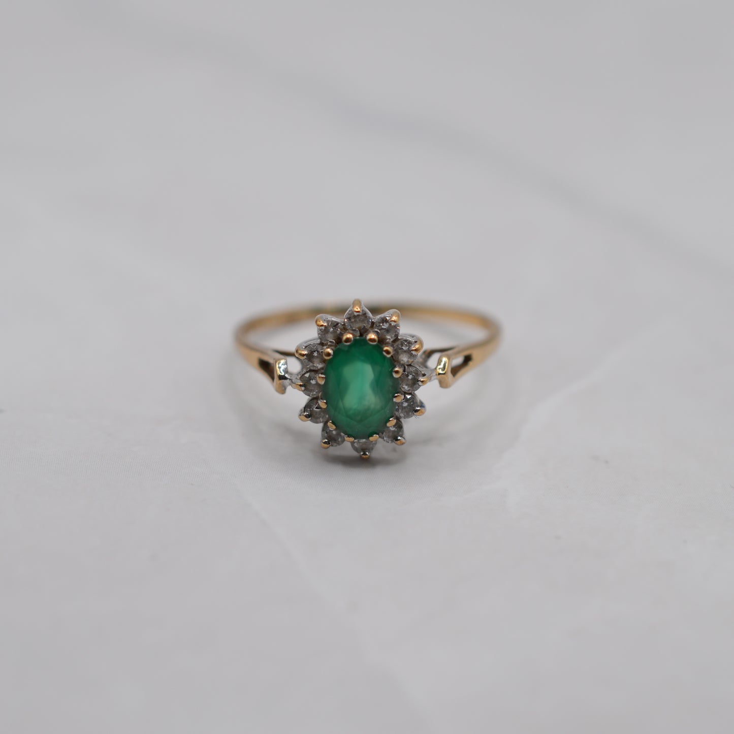 1980s 9ct Gold Emerald & CZ Cluster Ring