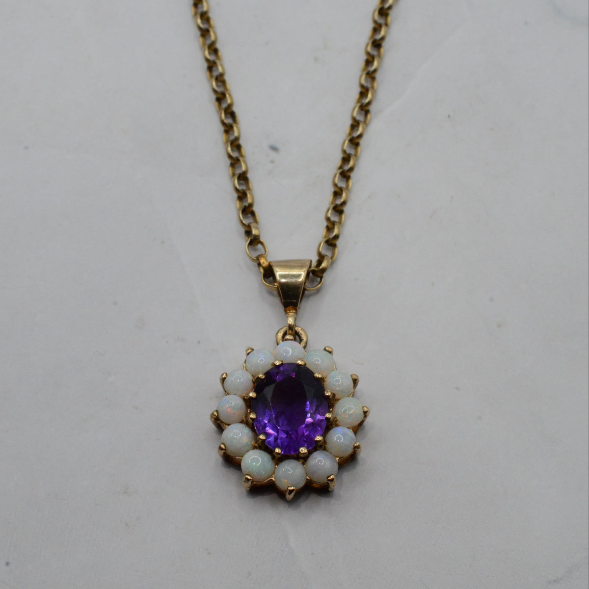 Chunky 1970s Vintage 9ct Gold Opal & Amethyst Cluster Pendant Necklace (17”)