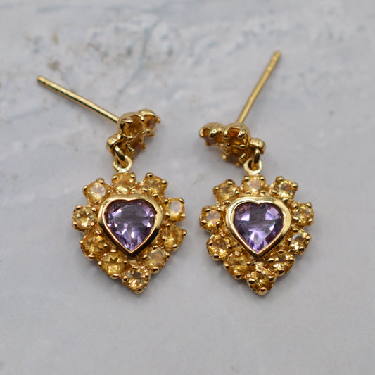 Y2K 9ct Gold Citrine & Amethyst Heart Cluster Drop Earrings