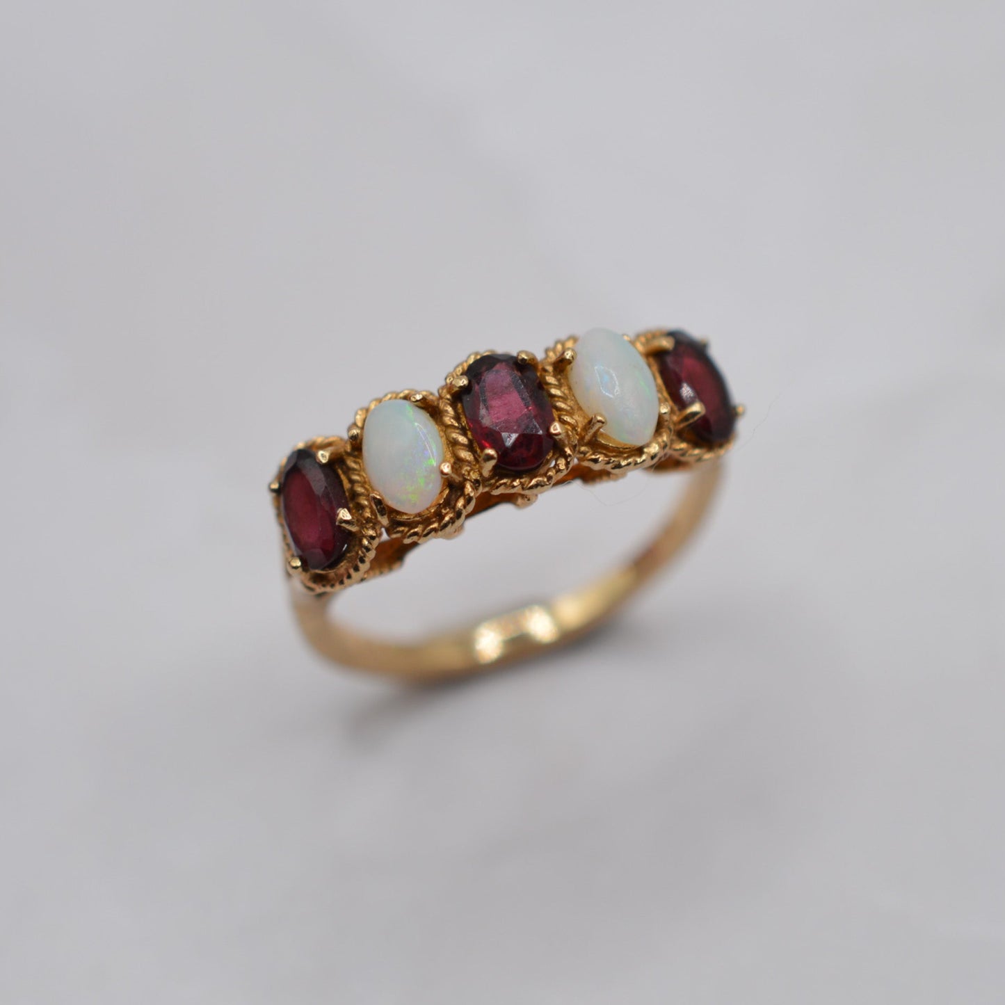 1970s Vintage 9ct Gold Opal & Garnet Five-Stone Ring