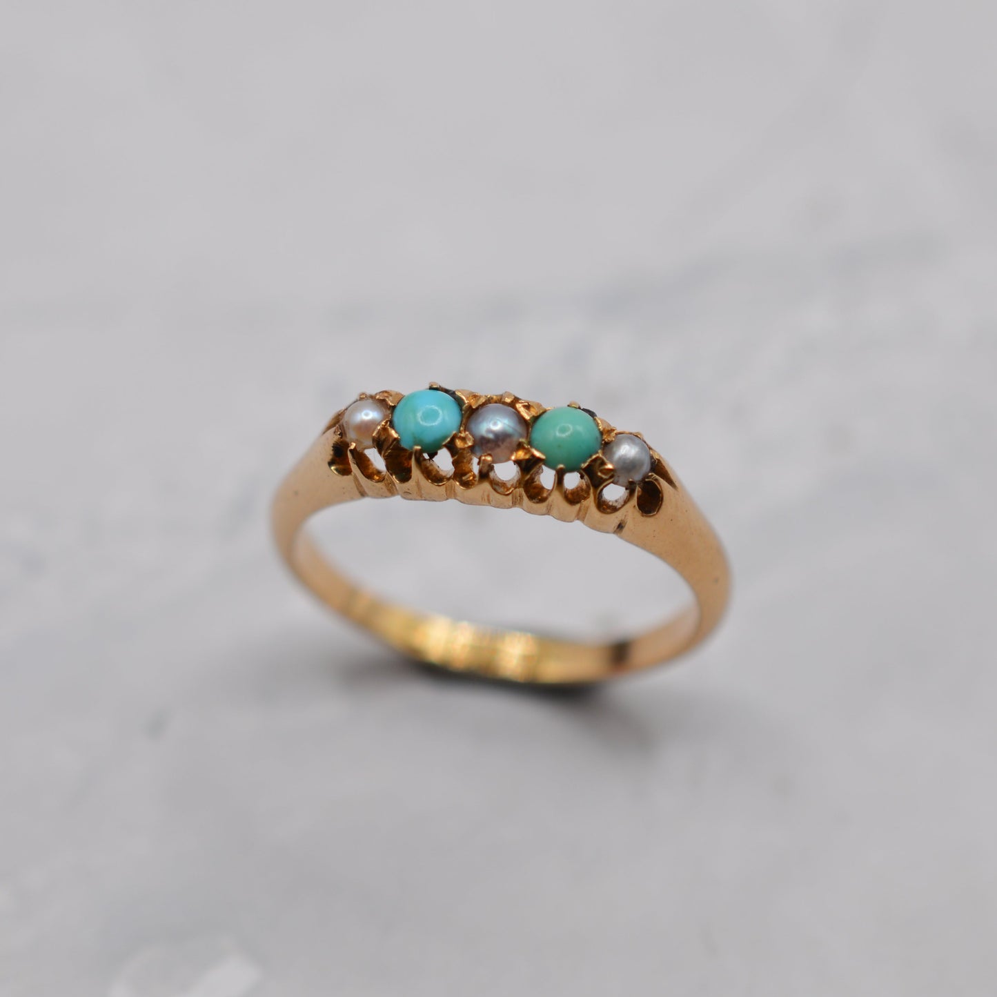 1897 Antique 18ct Gold Victorian Turquoise & Pearl Five-Stone Ring