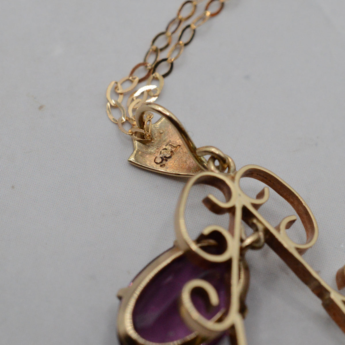 Antique Edwardian 9ct Gold Purple Paste Pendant Necklace (16”)