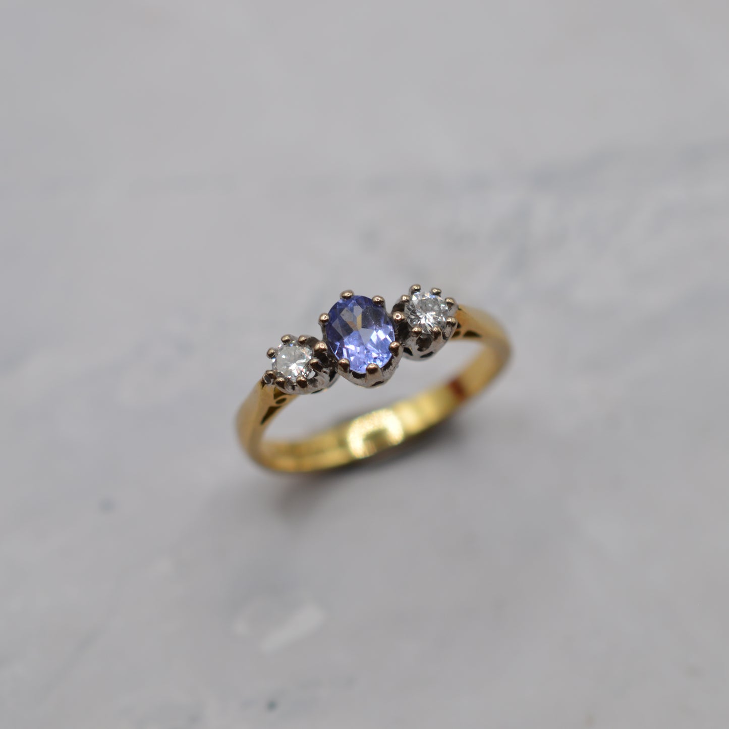 1990s 18ct Gold Tanzanite & Diamond Trilogy Ring