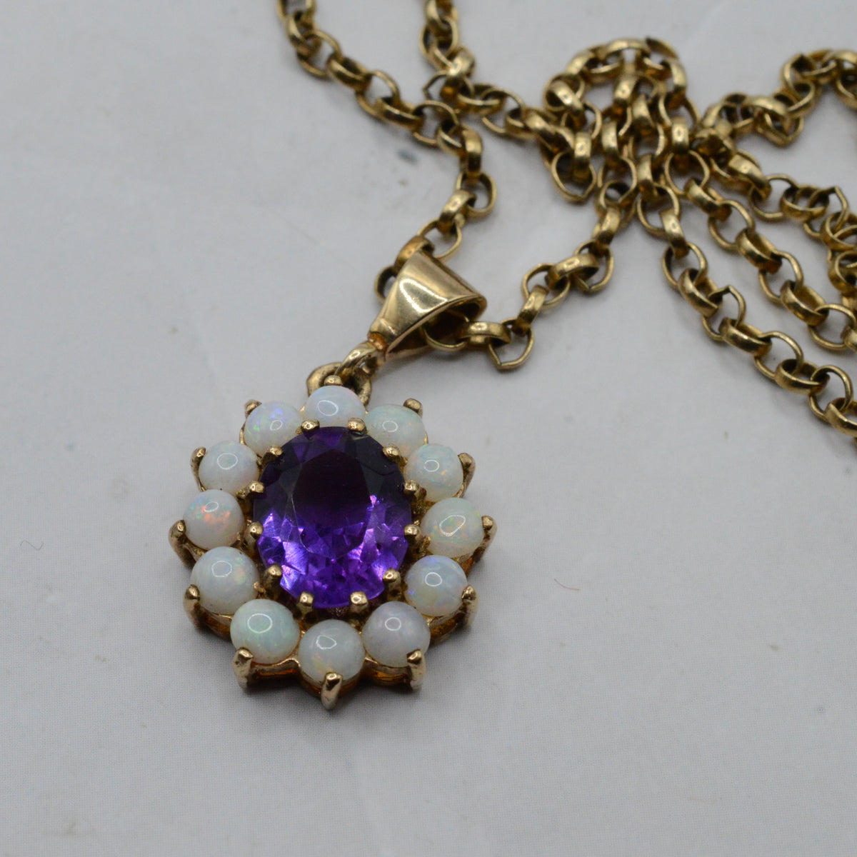 Chunky 1970s Vintage 9ct Gold Opal & Amethyst Cluster Pendant Necklace (17”)