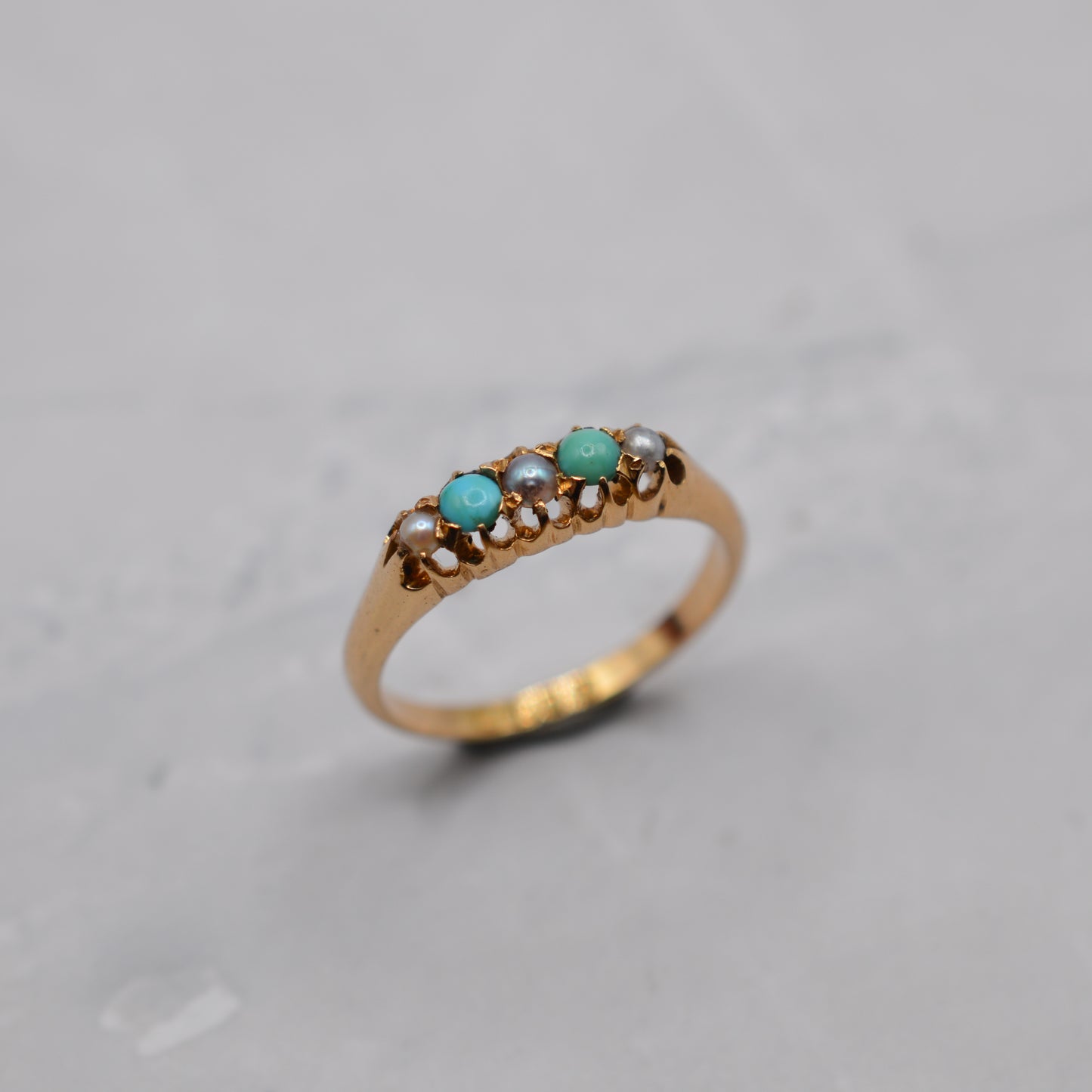1897 Antique 18ct Gold Victorian Turquoise & Pearl Five-Stone Ring
