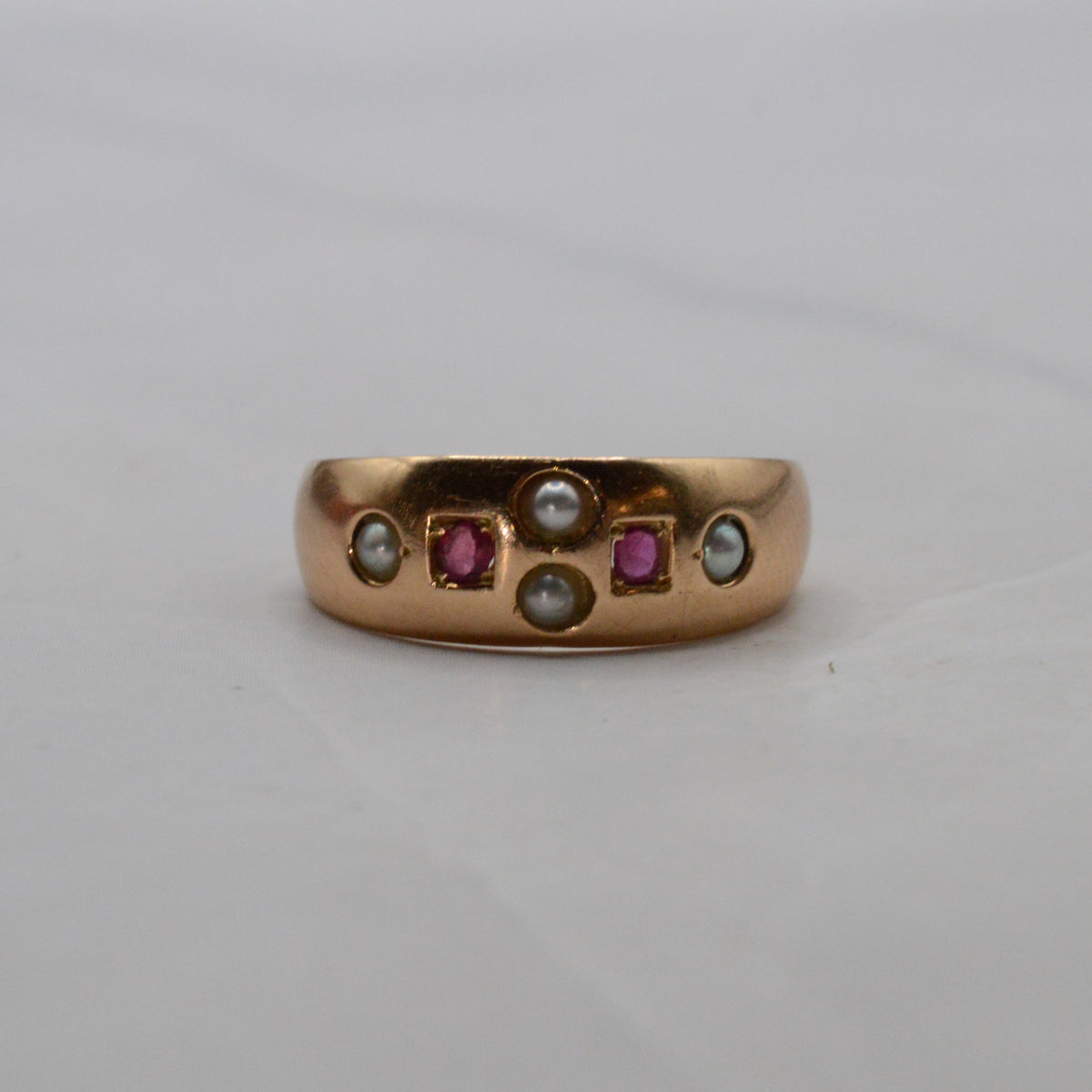 Antique Victorian 1889 15ct Gold Ruby & Pearl Ring