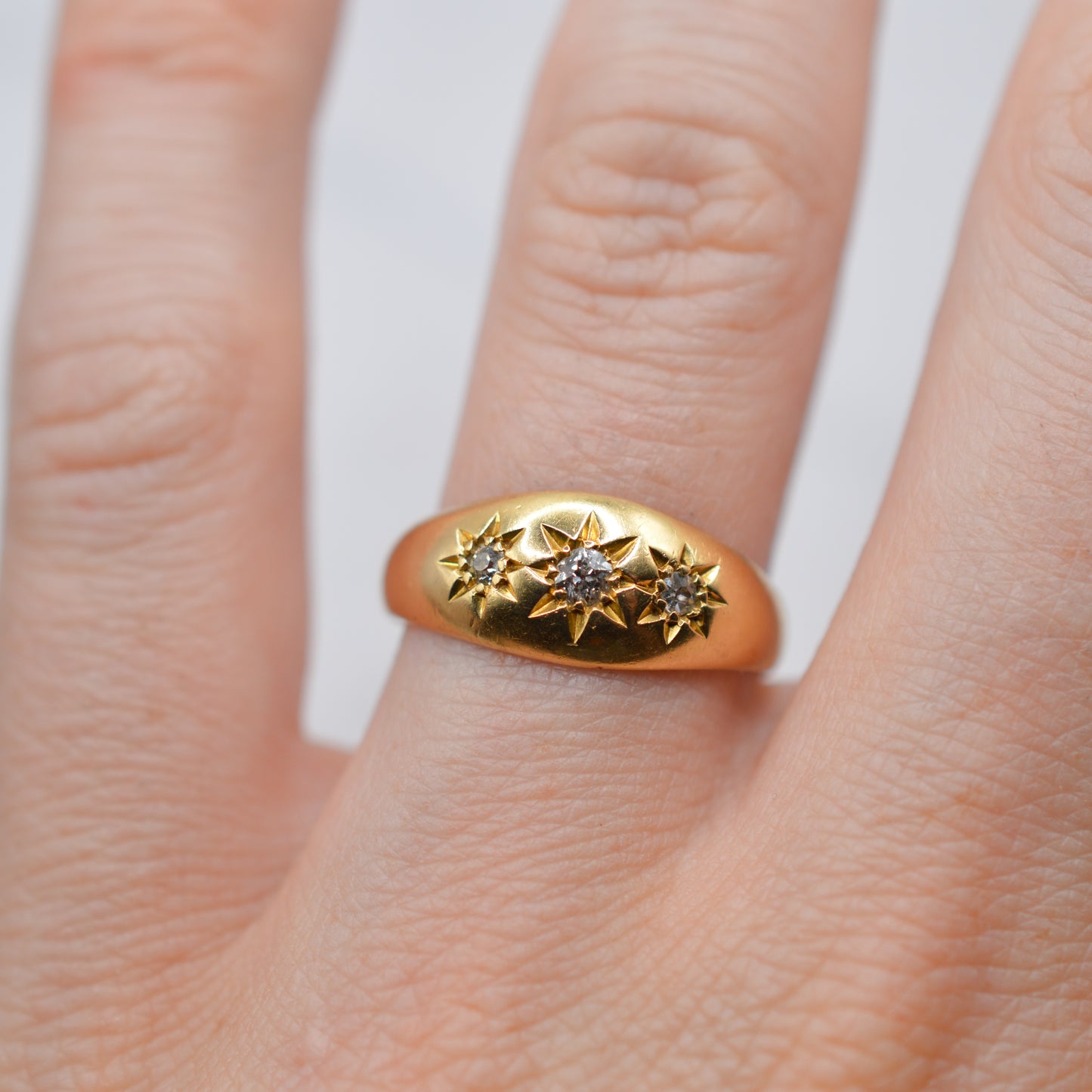 Antique 1912 18ct Gold Diamond Starburst Gypsy Trilogy Ring