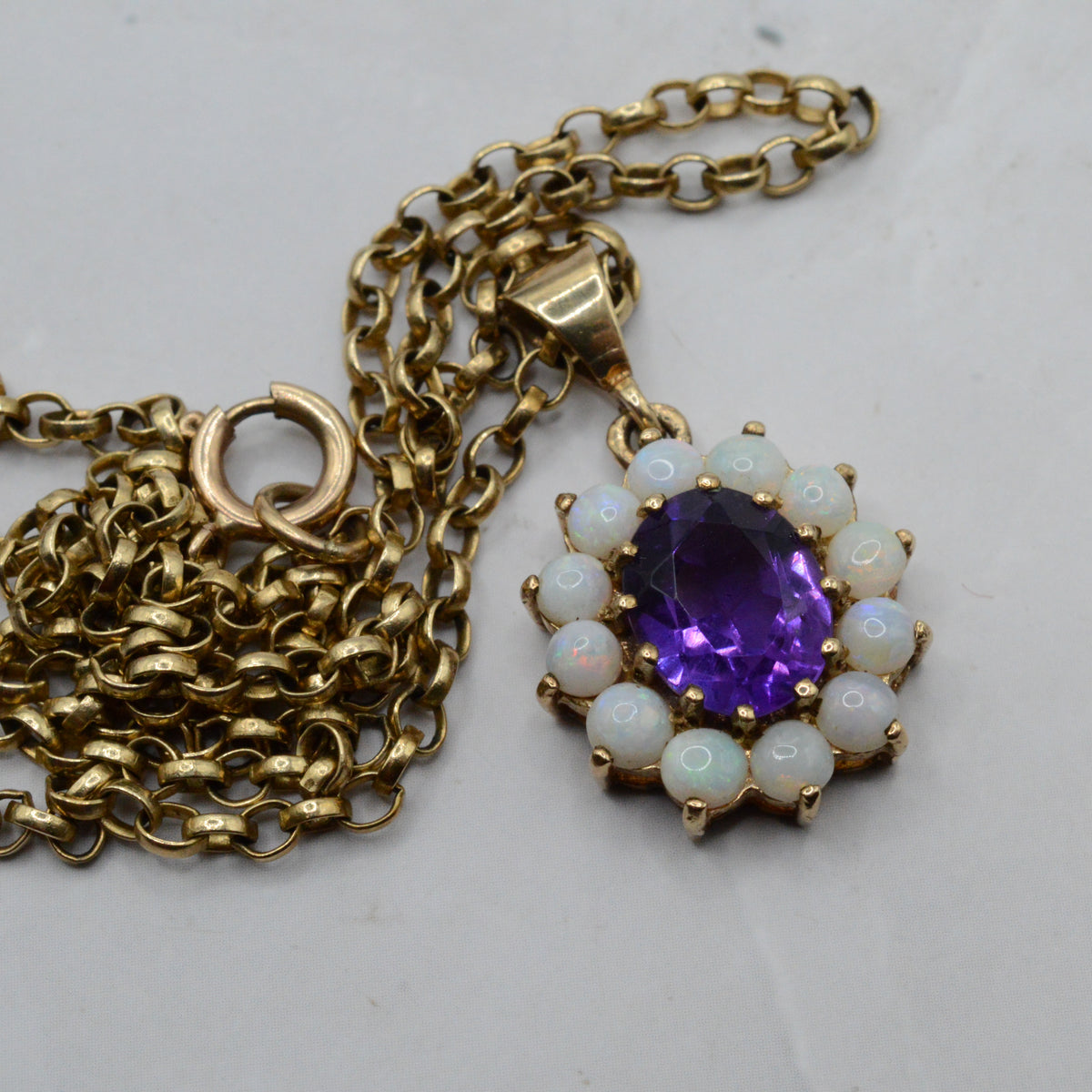 Chunky 1970s Vintage 9ct Gold Opal & Amethyst Cluster Pendant Necklace (17”)