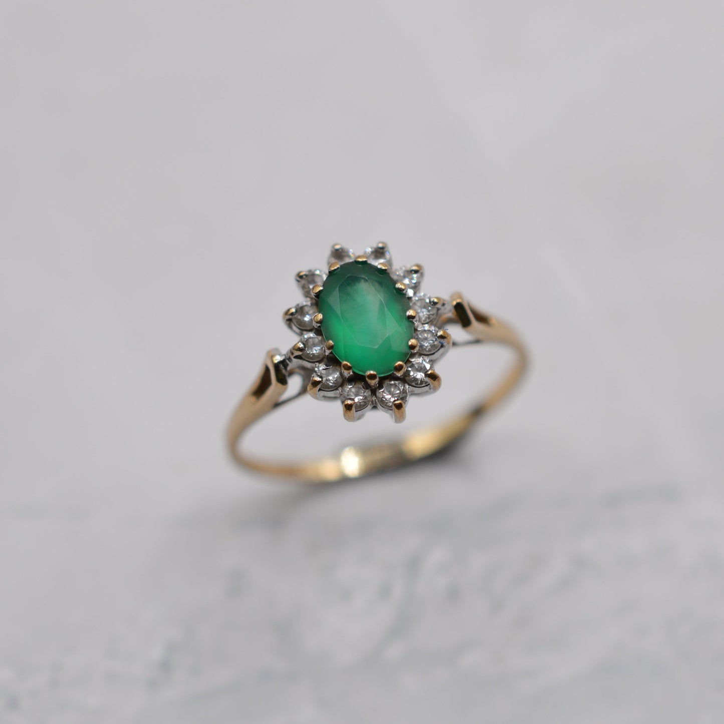 1980s 9ct Gold Emerald & CZ Cluster Ring