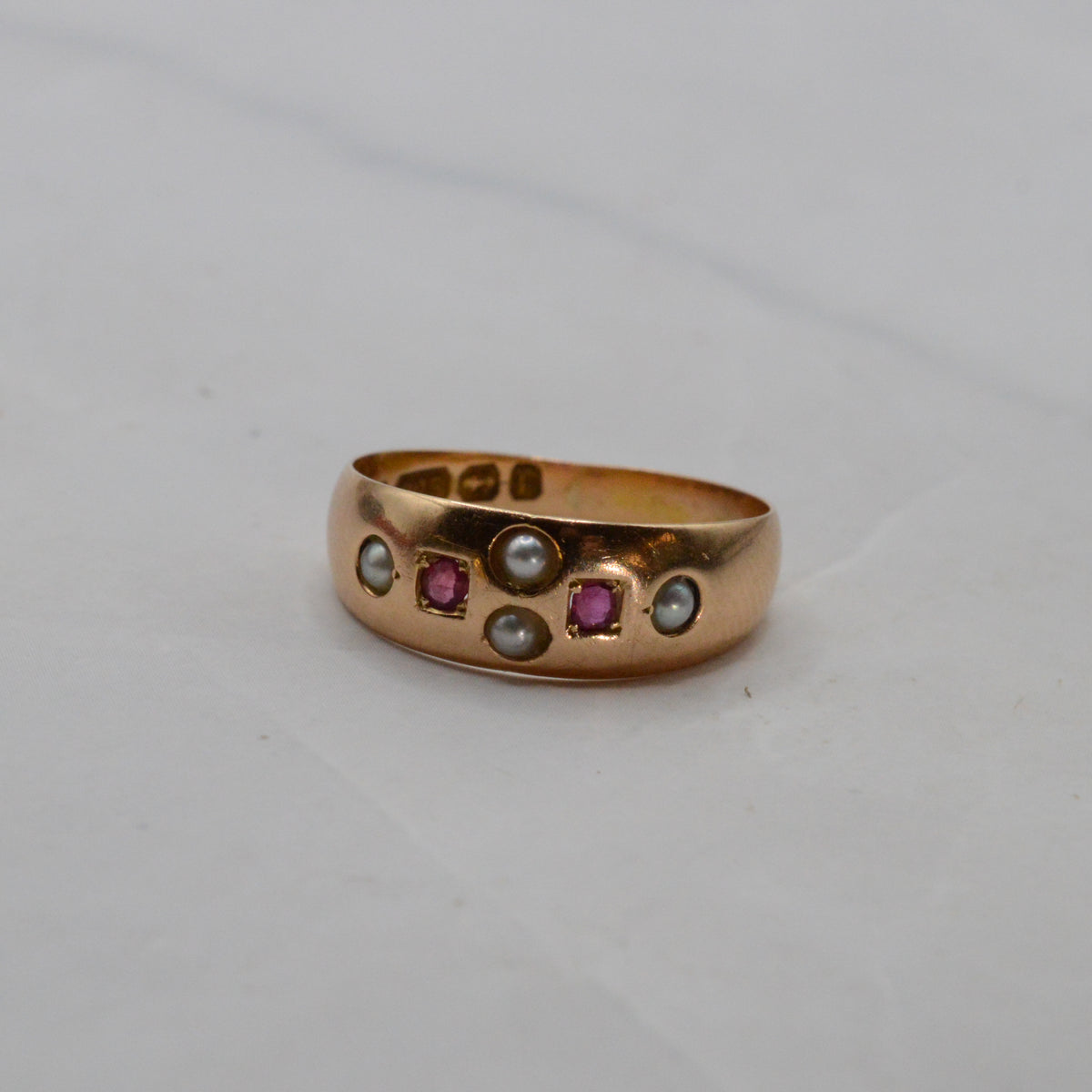 Antique Victorian 1889 15ct Gold Ruby & Pearl Ring