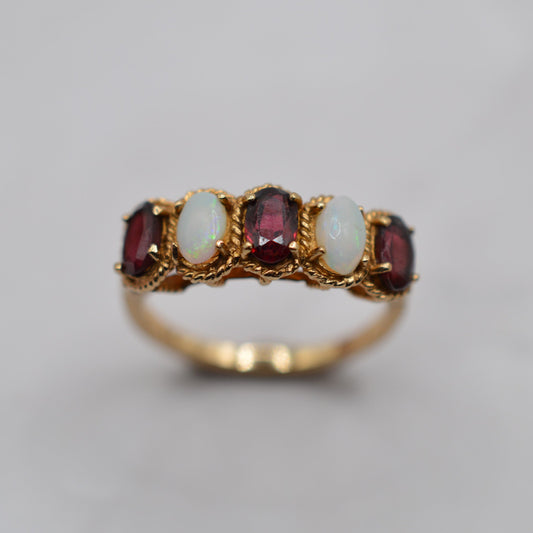 1970s Vintage 9ct Gold Opal & Garnet Five-Stone Ring