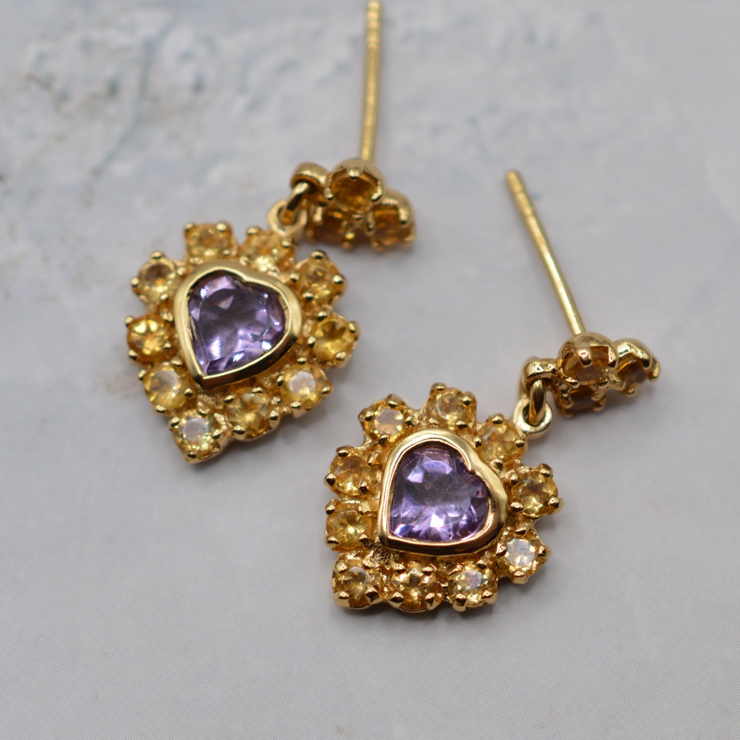 Y2K 9ct Gold Citrine & Amethyst Heart Cluster Drop Earrings