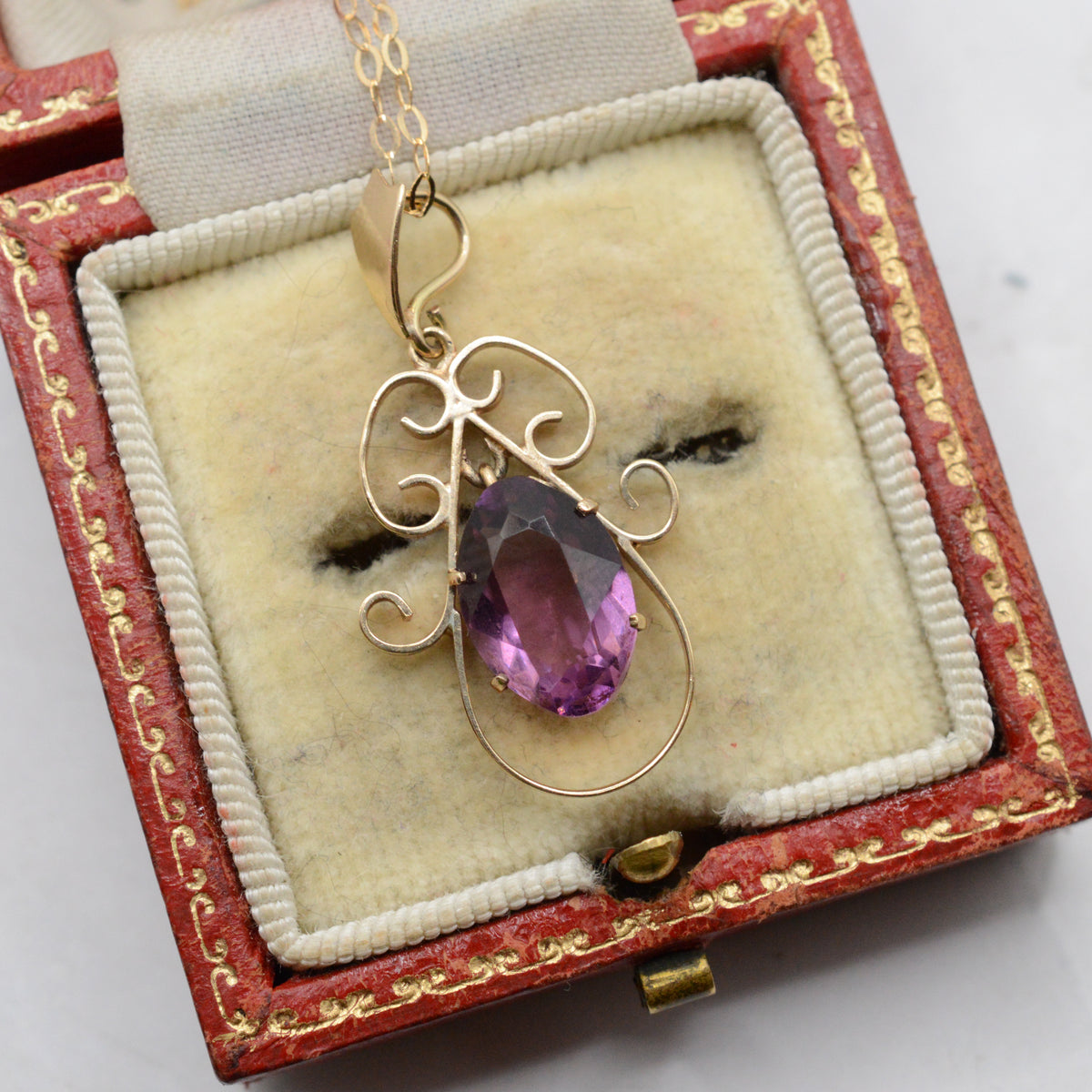 Antique Edwardian 9ct Gold Purple Paste Pendant Necklace (16”)