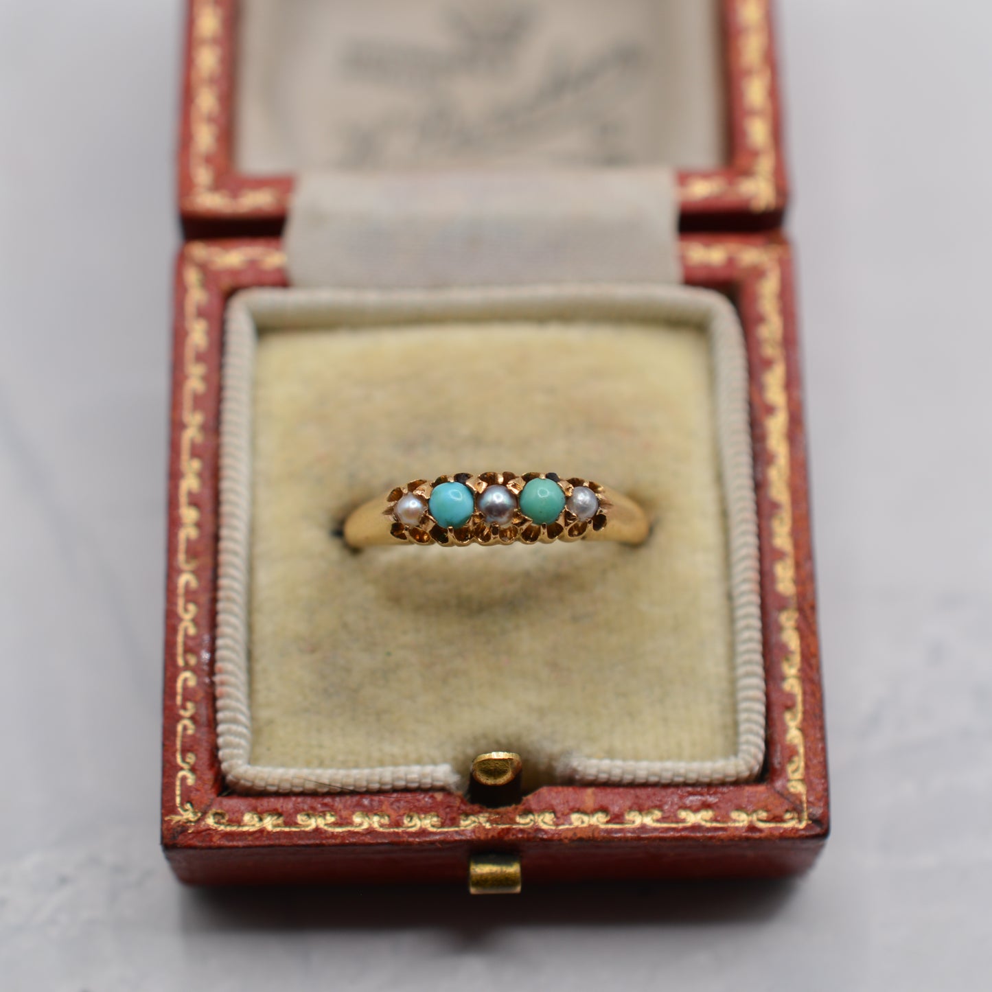 1897 Antique 18ct Gold Victorian Turquoise & Pearl Five-Stone Ring