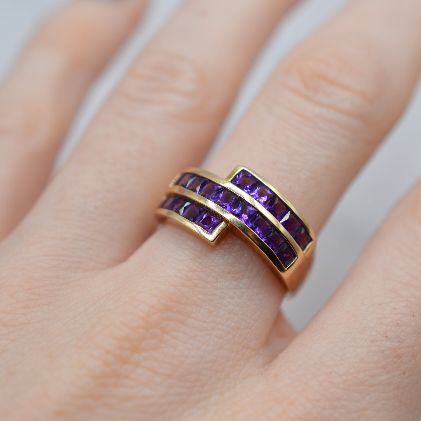 Chunky 9ct Gold Amethyst Channel-Set Crossover Ring