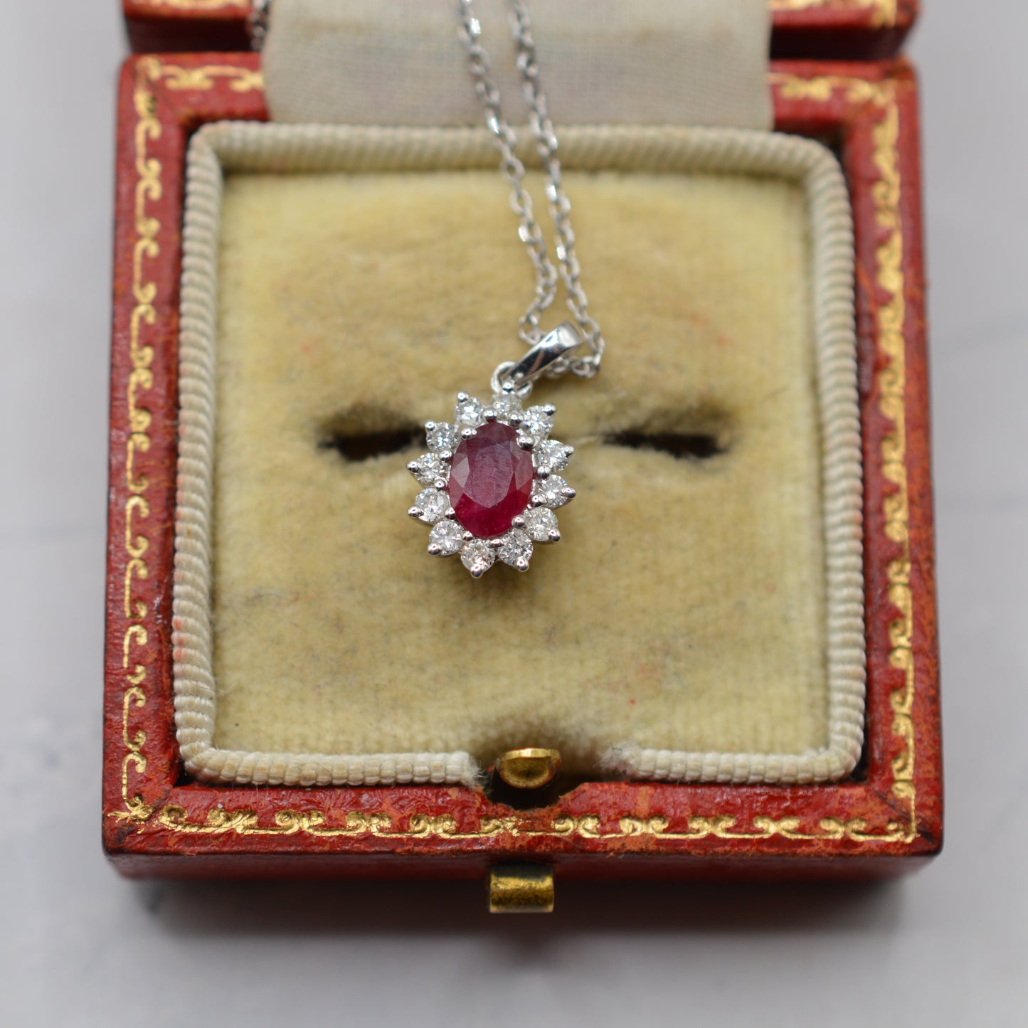 18ct White Gold Ruby & Diamond Cluster Pendant Necklace (16”)