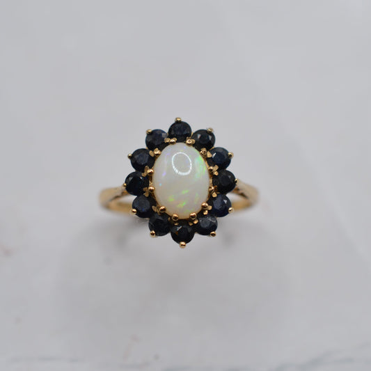 Vintage 9ct Gold Opal & Sapphire Cluster Ring