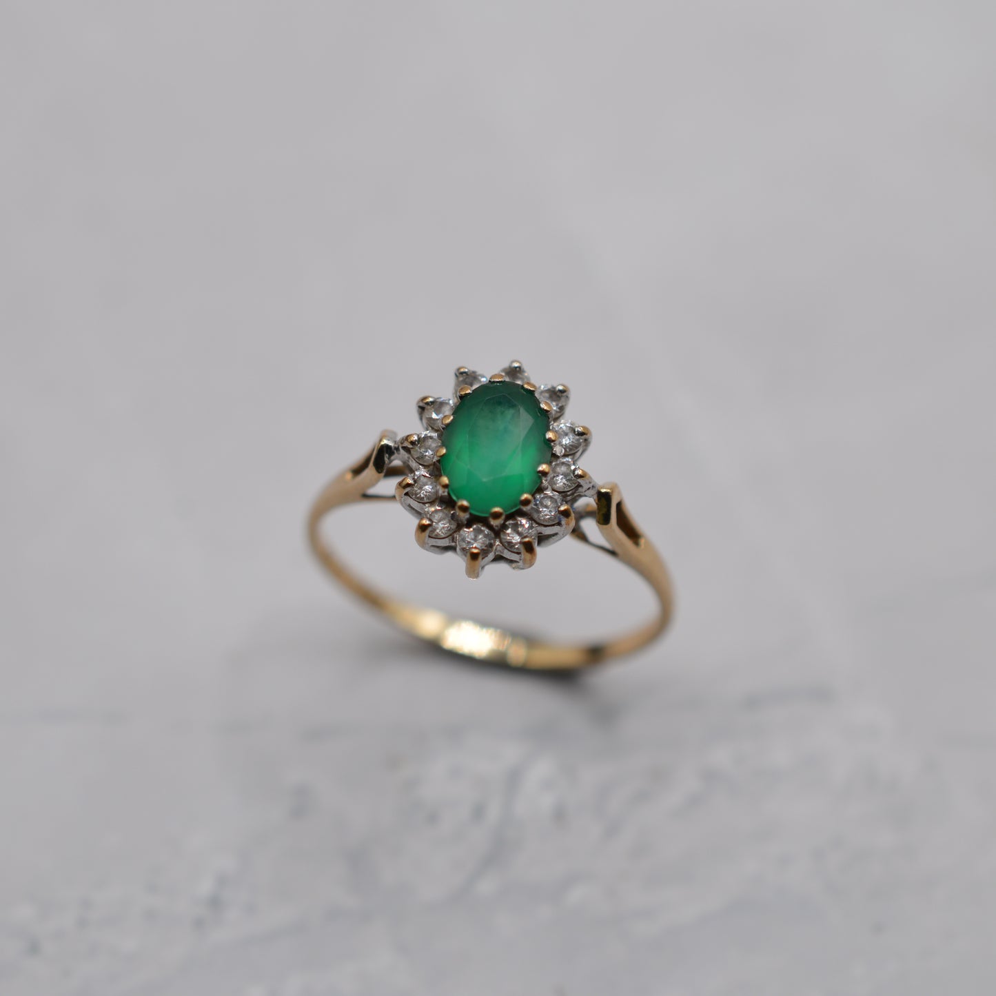 1980s 9ct Gold Emerald & CZ Cluster Ring